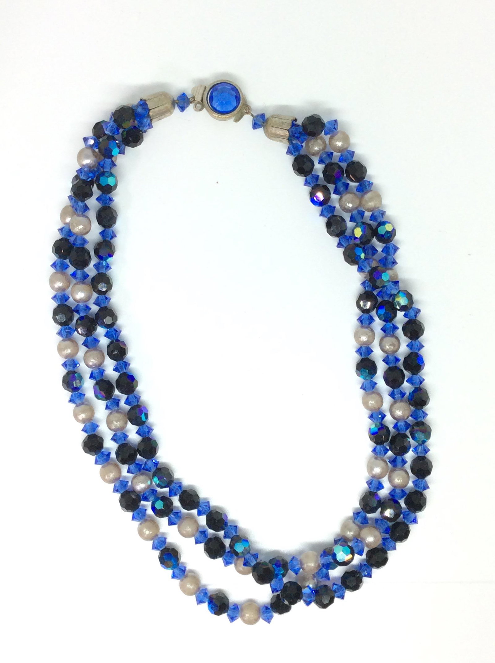 3 Strand Choker Bead Necklace: Colorful faceted Blues and iridescent with solitaire costume stone on clasp. 14.5 in. Costume Jewelry, Beaded Choker, Irredescent Beads, Wearable Fashion Accessories, Ladies Necklace, 3