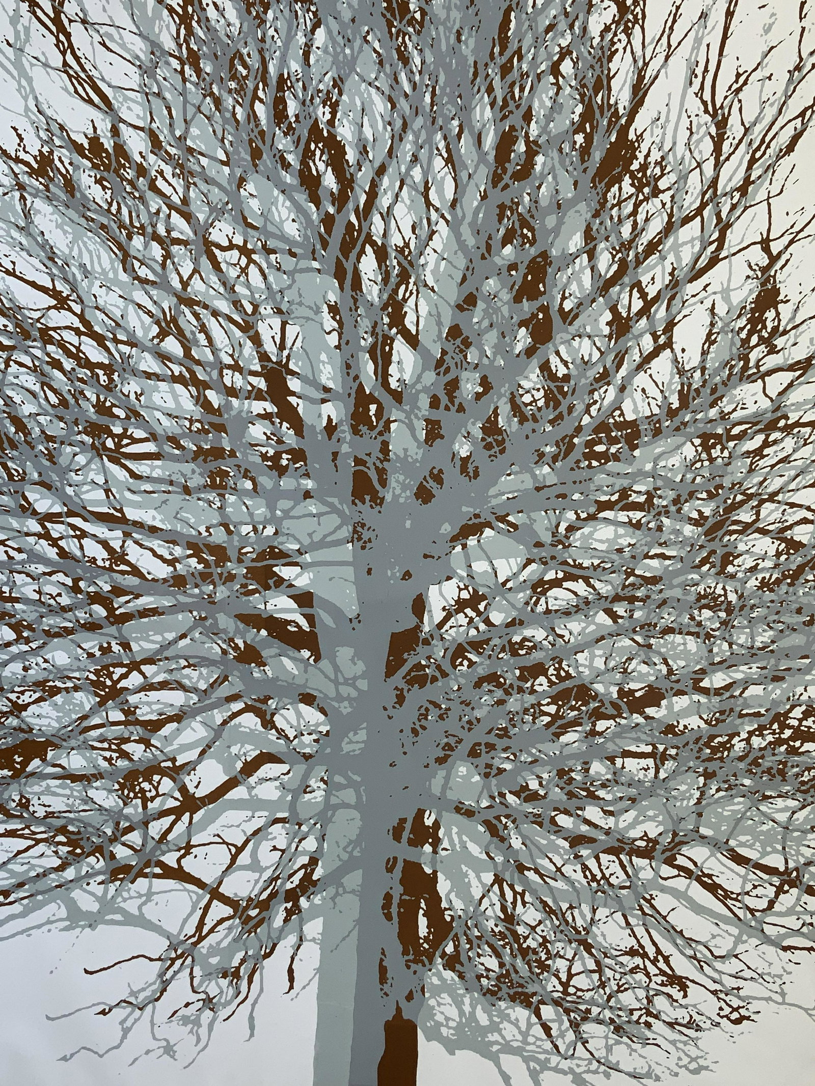 Oversized Abstract Tree Art Print: Oversized abstract art print on canvas, no apparent signature, subject a brown tree and pale blue tree Layered atop one another on a white background, not framed, canvas stapled to board panels to kee