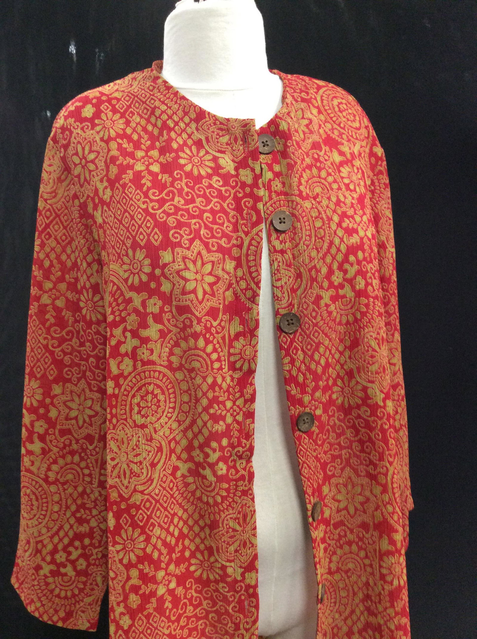 Susan Graver Dress Coat Blouse: Middle Easter, East Asian Designs in warm green hues on red. Label reads polyester. size Med. 3/5 sleeves. 30 in. Long . Ladies fashion, Wardrobe Accessories, Long Blouse, Upscale Casualwear, Wearable