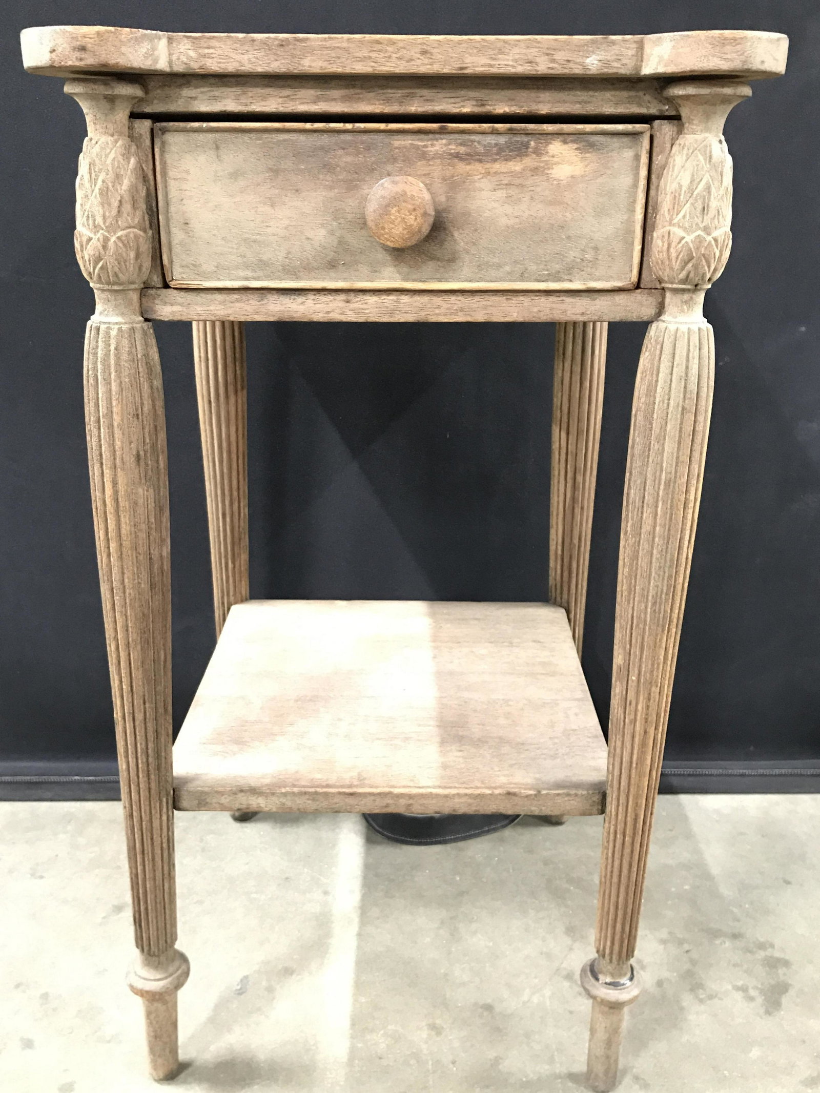 Antique Carved Wooden Side Table: Side table is wooden and antique. Drawer has knob style handle. Table has board stretcher in between legs. Drawer appears to have hand dovetailing. Side table, nightstand, wooden side table, antique s