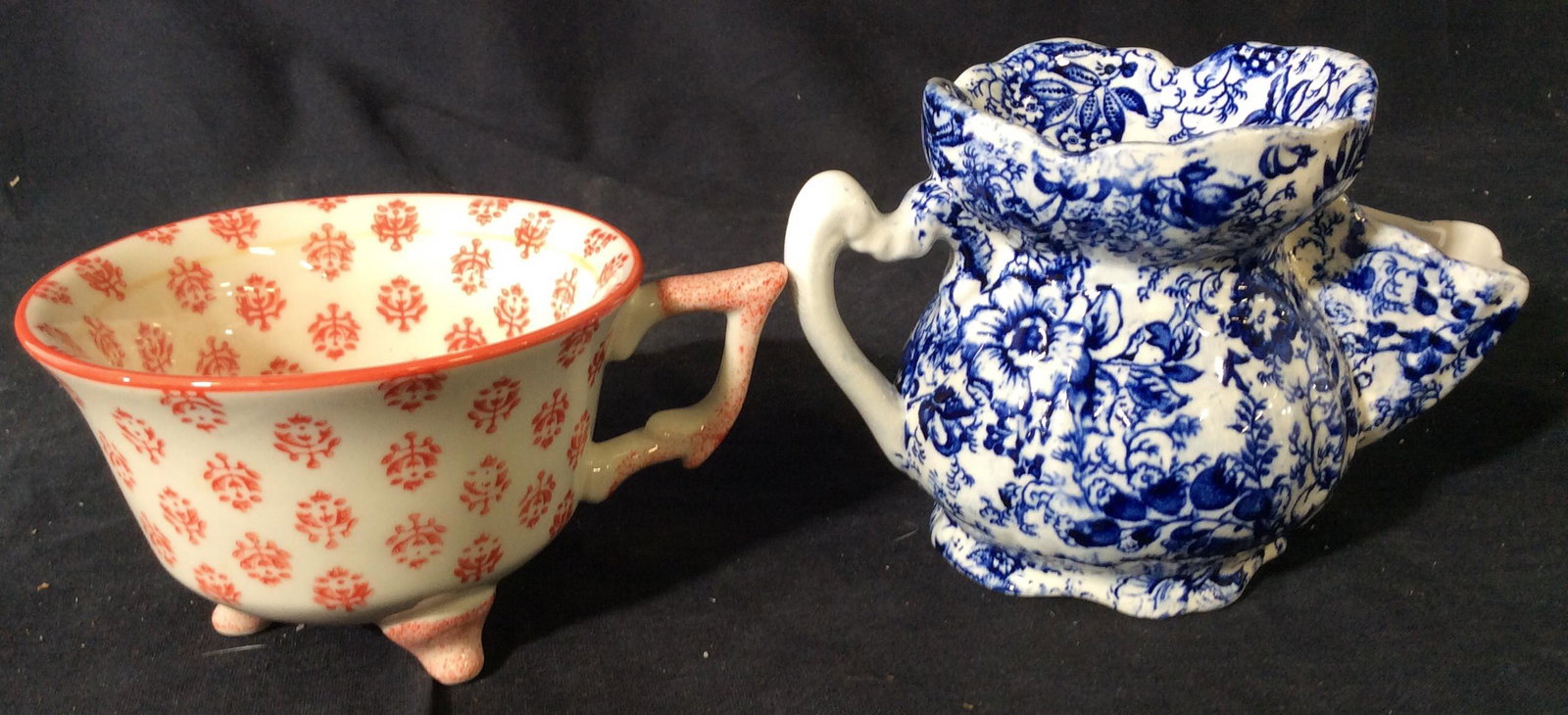 Porcelain Shaving Mug Ensemble, England: Collectible Blue/ white Shaving Mug Reproduction. Underside reads James Kent Old Foley, Staffordshire, England, 18th c. Chintz. 4 x 6.5 in. Footed Water Dipping Mug with anchor pattern. Mild water rin
