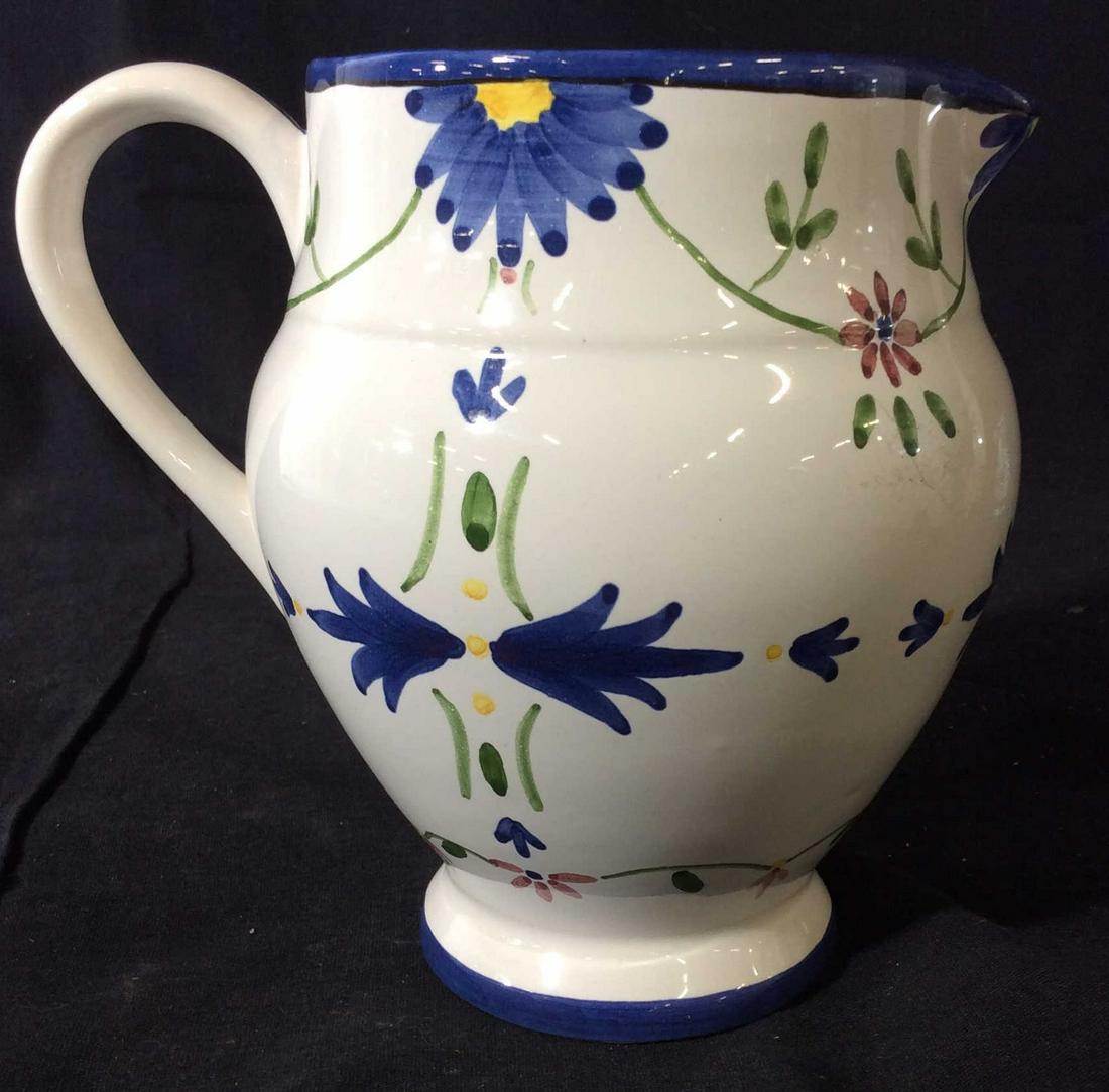 Casafina Portuguese Hand Painted Water Pitcher: Underside hand written by maker/ artist, reads MADE IN PORTUGAL MADEIRA HANT PAINTED #345. Signed by artist. 6.5 in Ht, width 7 in. Hand made crafts, pottery, ceramics, artist signed pitcher, tabletop