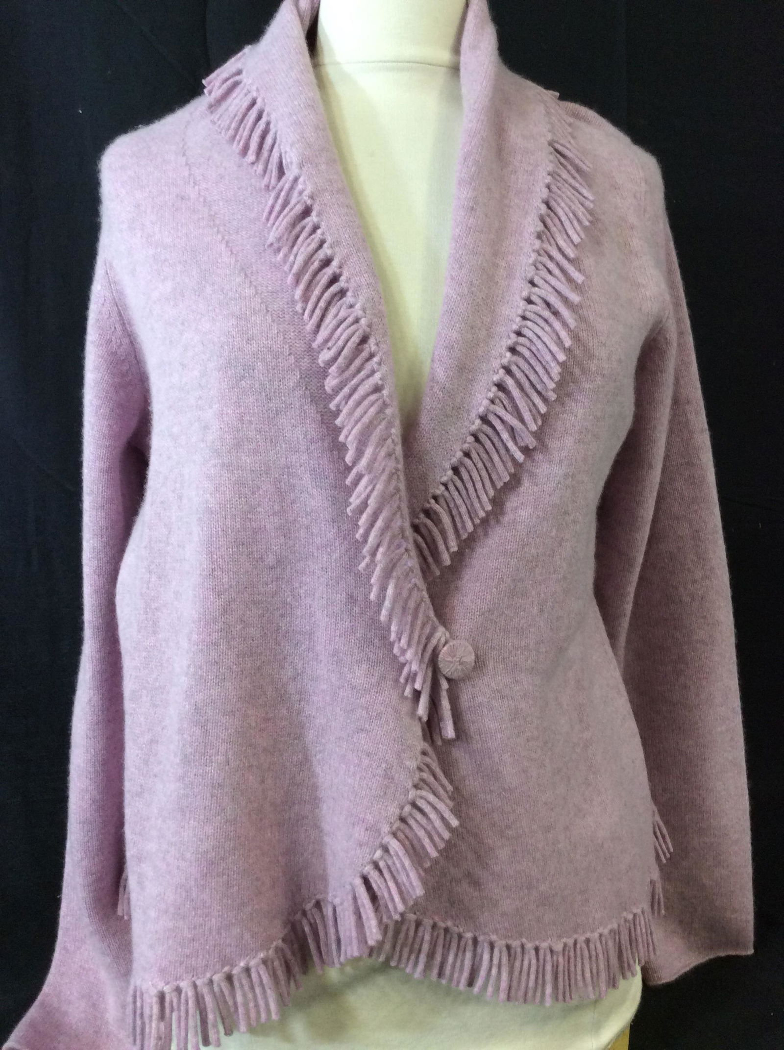 Boho MAGASCHONI Cashmere Cardigan: Luxury Brand, Heather purple, size Large, shawl collar, hem Tassels, label for washing- hand wash cold, 1 front Cashmere Button with long tie. 24 in. long. Cashmere knitwear, Casual Boho Sweater, Card