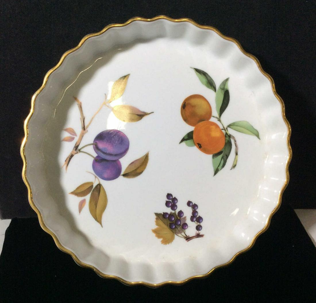 Royal Worcester 9 in. Porcelain Pie Dish, England: Fruit Decor, Gilt rim, Evesham Pattern, Underside reads Royal Worcester Fine Porcelain c. 1961. Made in England. Oven to table ready. Pie Dish, Bakeware, Pie Plate, Fine Porcelain, Made in England, Ro