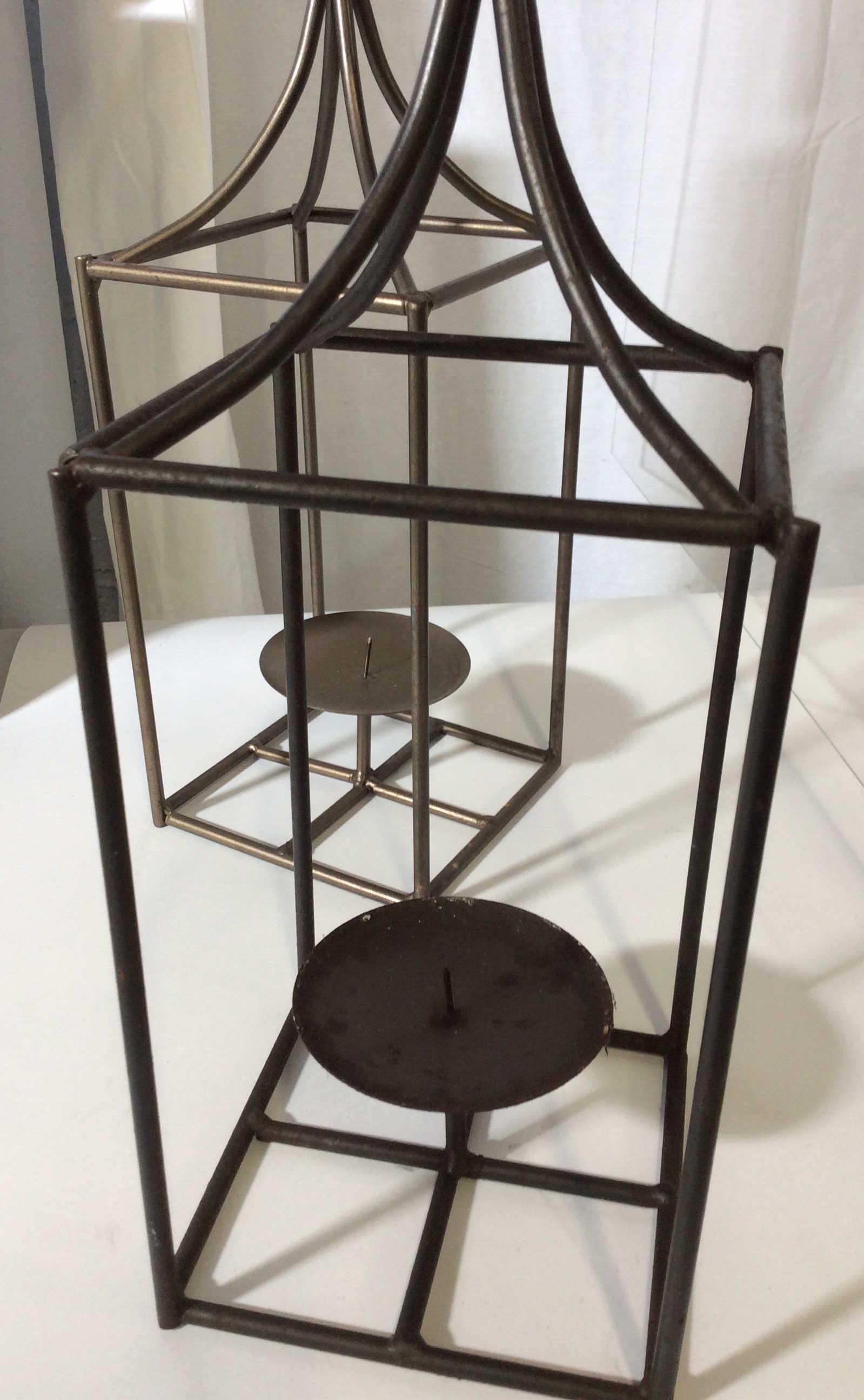 Pair, Hanging Metal Candle Lanterns: Indoor Outdoor Patio Garden Decor. Use 3.5 in wide candles or smaller. Measure 15. 25 in ht, width 5.5 in. Candlelight Lanterns, Indoor Outdoor Garden Patio, Home Decor Accessory, Lighting, 3