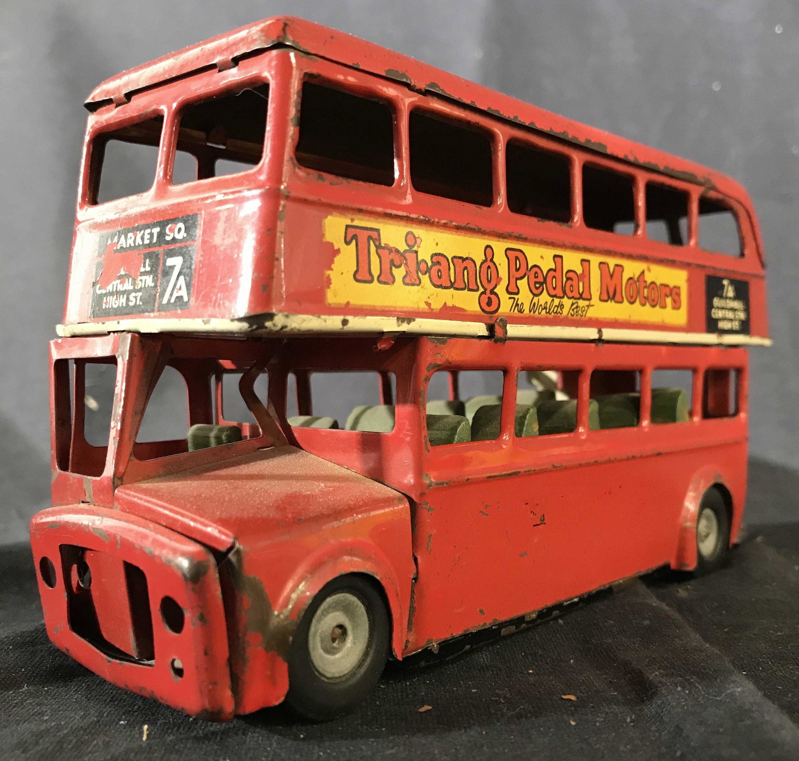 Lot 4 Vintage Metal Toy Cars: Lot includes 4 vintage metal toy cars. 1 large vintage fire truck 1 small vintage fire truck, 1 red London bus & 1 HEINZ. Largest Piece measures approximately 9 inches long 3.5 inches tall and wide. E