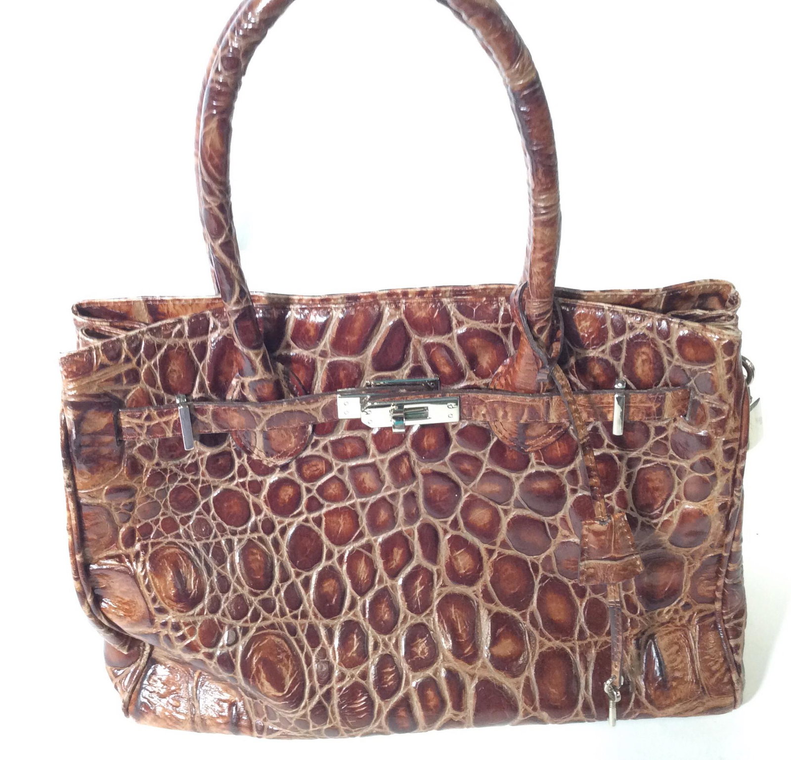 Sophisticate Croc Style Ladies Large Handbag: 12.5 x 9 x 5.5 in. Leather bag (possibly man made) croc style, brown, interior light grey suede lining, 3 major compartments, zippered center, key ring attachment strap, silver tone hardware, clean in