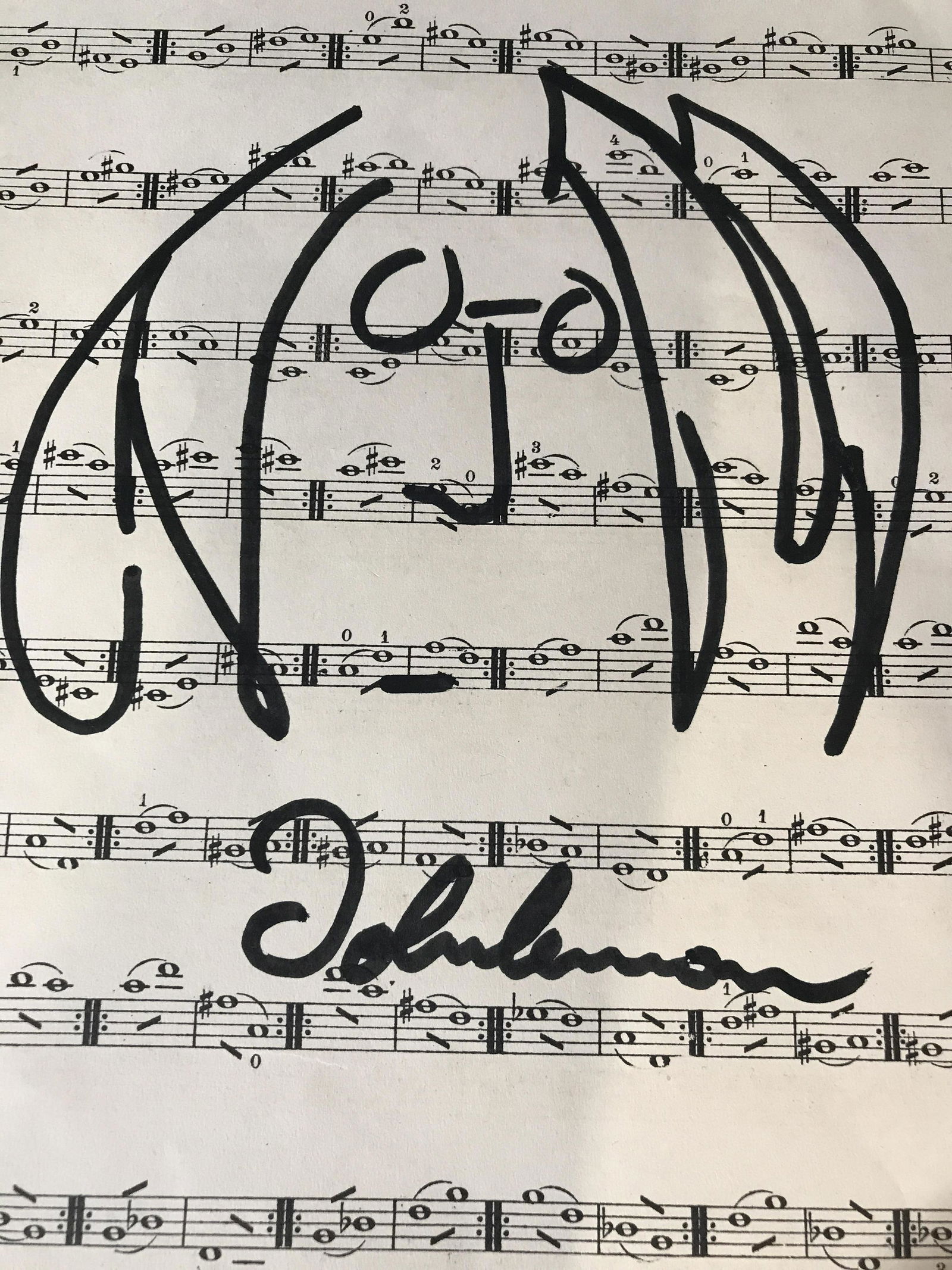 Signed music sheet drawing AFTER John Lennon: Signed black marker drawing on sheet music AFTER John Lennon, Please Note: All lots that do not carry established documented provenance nor any past record of auction history record are described in t