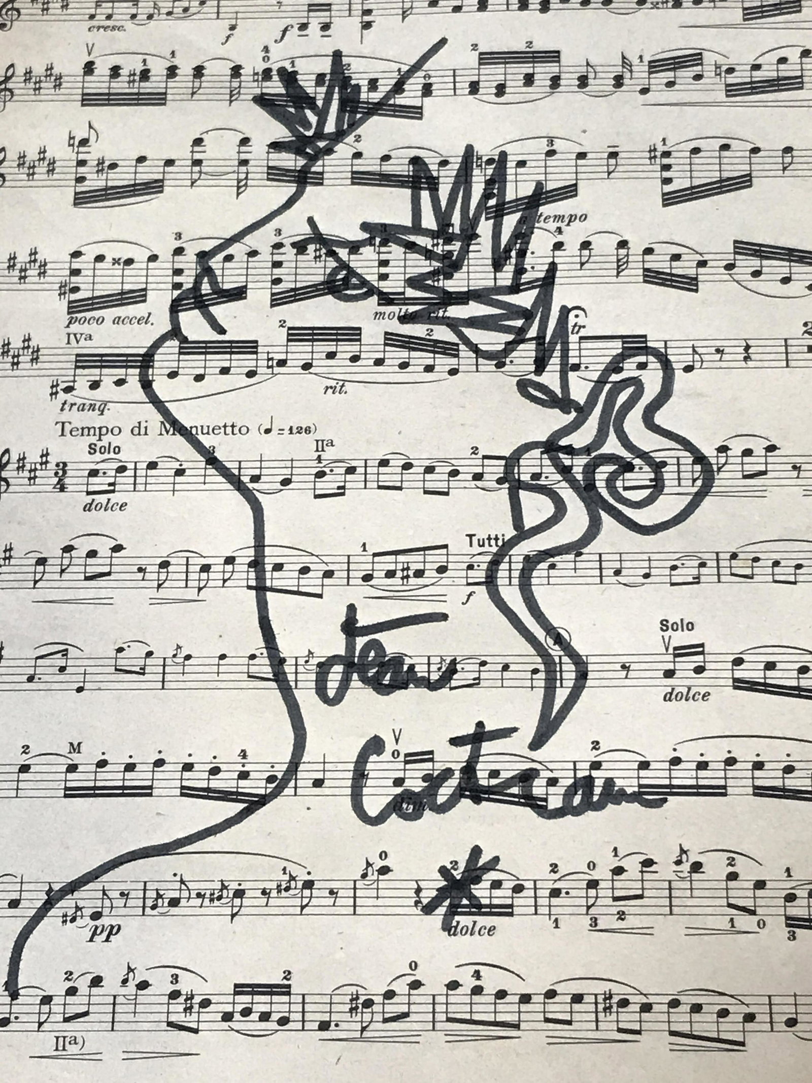 Signed Marker Drawing AFTER Jean Cocteau: Signed marker drawing on sheet music paper AFTER Jean Cocteau, signature in the Lower center section reads Jean Cocteau, Please Note: All lots that do not carry established documented provenance nor a