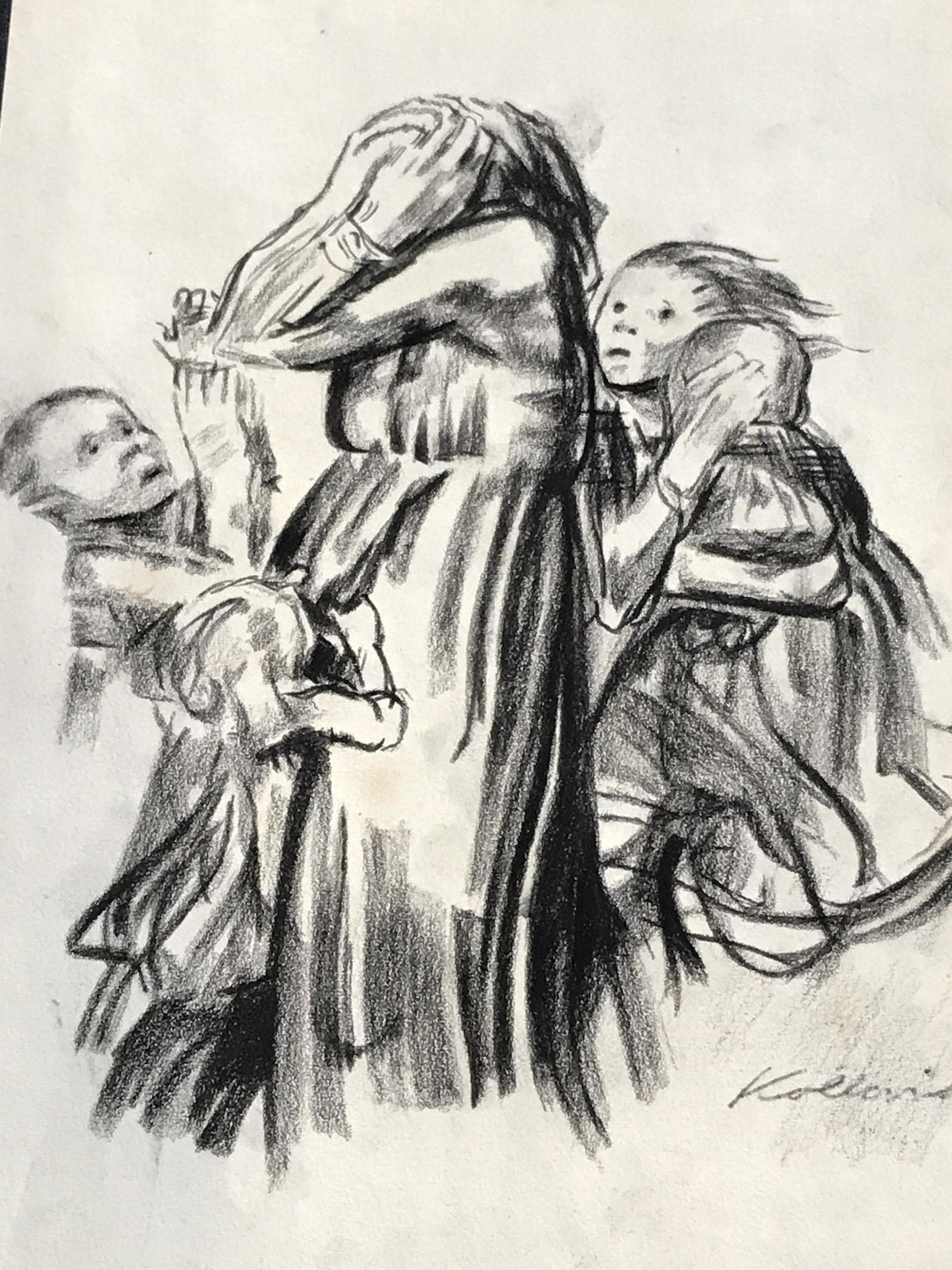 Signed Charcoal Drawing AFTER Kathe Kollwitz: Signed charcoal drawing on paper AFTER Kathe Kollwitz, possibly black pastel on paper, signature in marker in the lower right corner reads ‘Kollwitz’, Please Note: All lots that do not carry estab