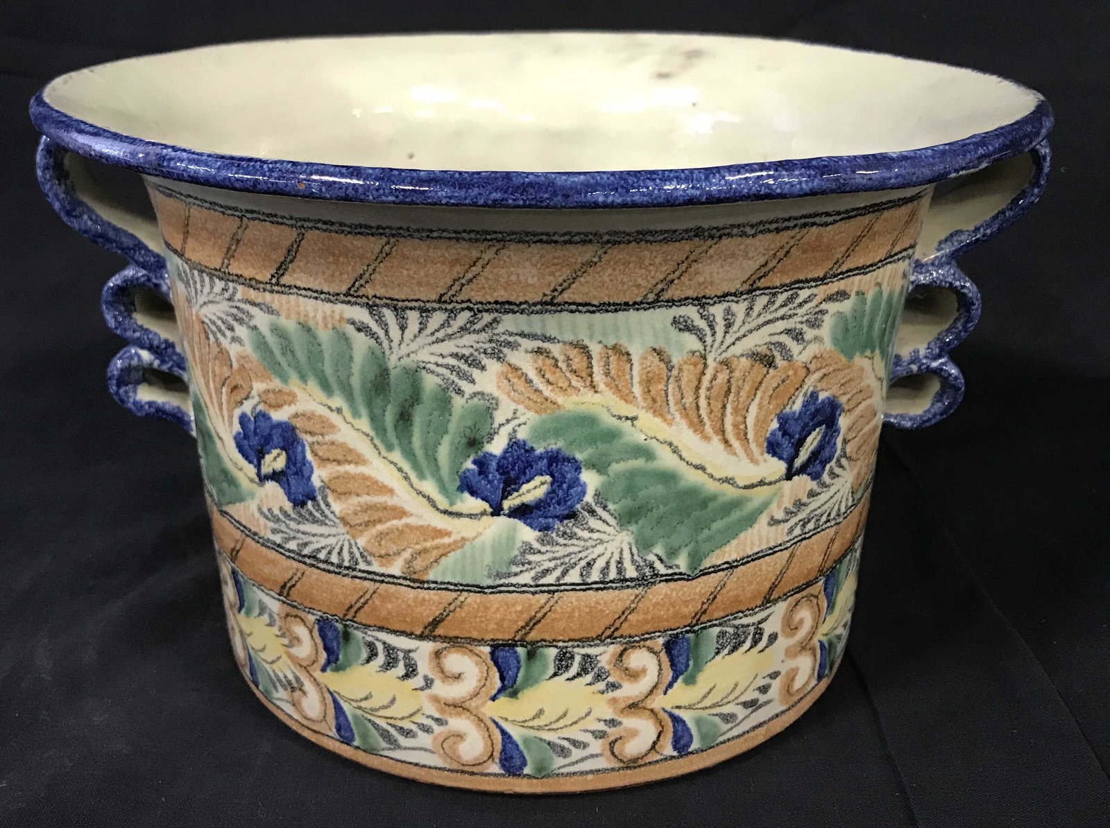 Hand Painted Earthenware Vessel, Mexico: This is a hand made, hand painted vessel, the piece was crafted in Mexico. The underside reads GUANAJUATO MEX, CAPELO. the piece is colored in green, beige and cobalt tones on a cream colored base. Th