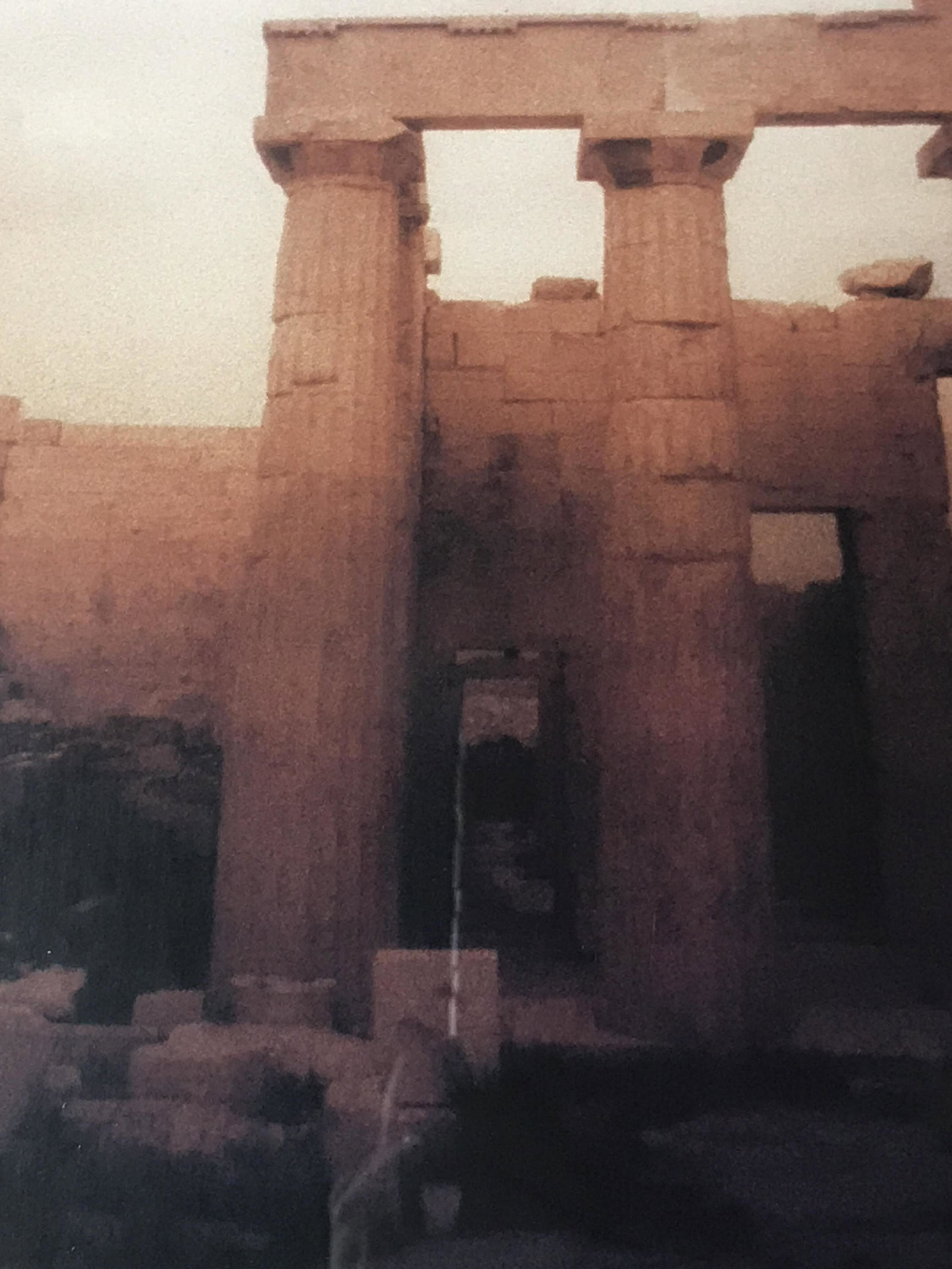 Color photograph ancient ruins: Color print photograph of Ancient ruins, no apparent signature, professionally photographed, soft lighting and high grain film, professionally framed, Triple matted in white and cream with gilded edge