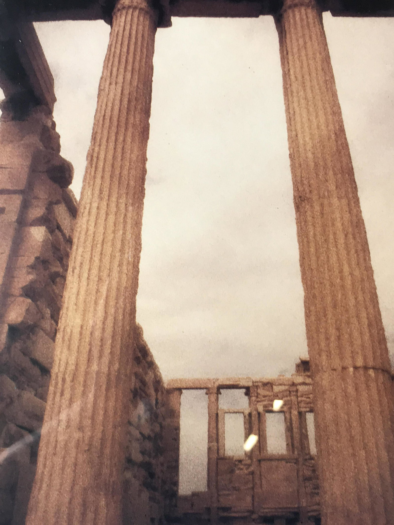 Color photograph of ancient columns: Color print photograph of Ancient ruins, specifically of columns. no apparent signature, professionally photographed, soft lighting and high grain film, professionally framed, Triple matted in white a