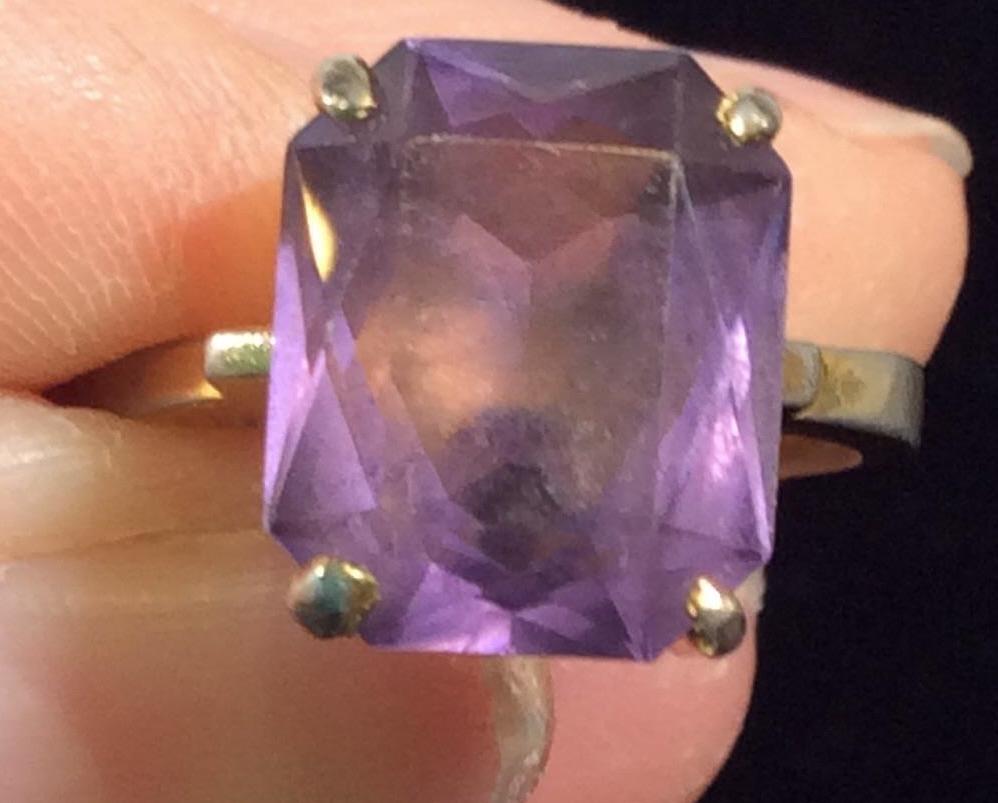 Emerald Cut Amethyst Cocktail Ring, Vintage, 2 pcs: Natural Quartz Ring, Cut stone measures 8x 10 mm. Vintage , marked with a # but illegible. Size 6-6.5. Other ring with solitaire Peach colored rhinestone with multi prongs, app size 6.5-7. Rings, Jewe