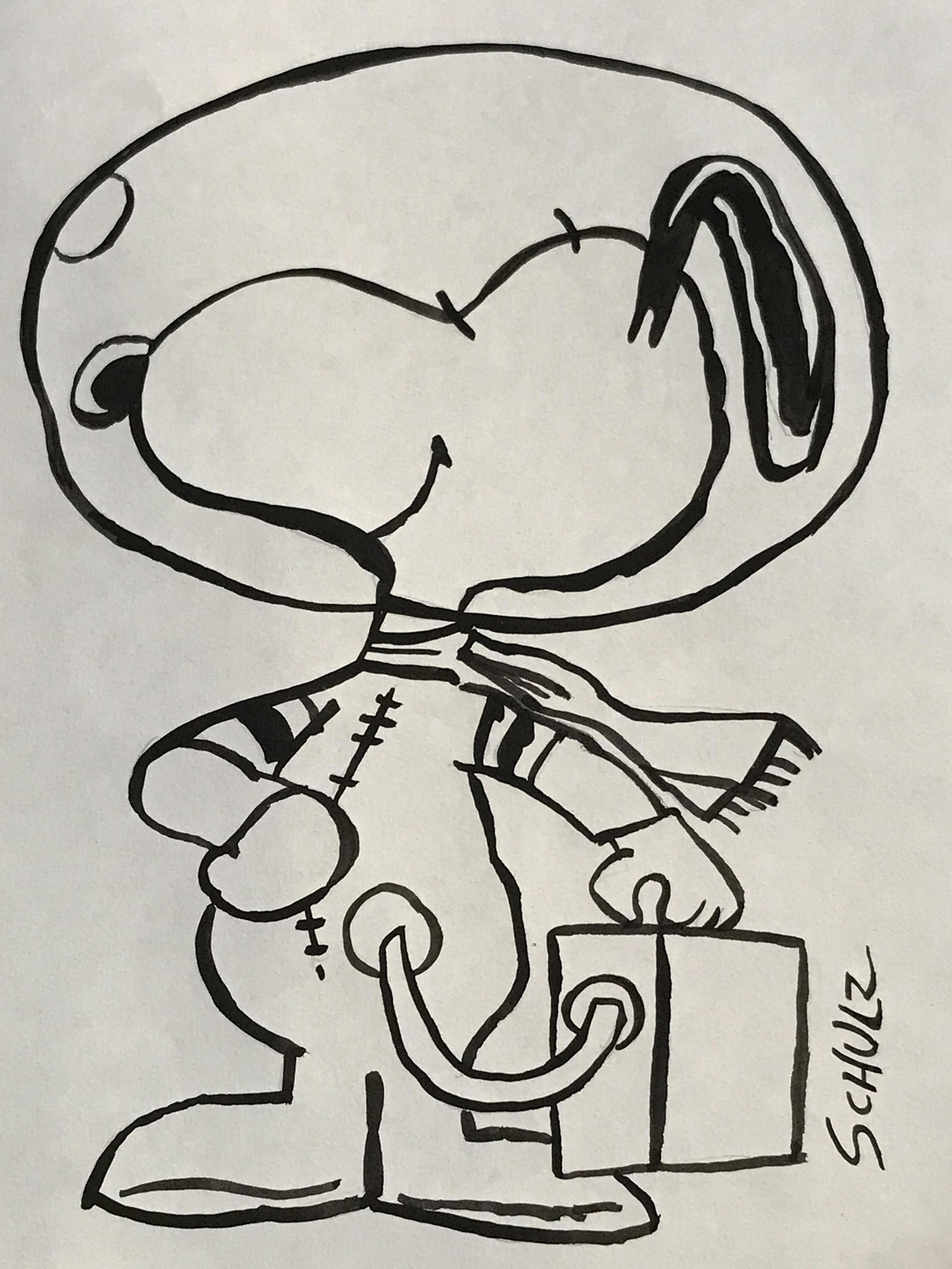 Signed Snoopy Marker Drawing AFTER Charles Schulz: Signed Marker drawing on paper AFTER Charles Schulz, signature in the lower right corner reads Schulz, stamp to reverse reads ‘Lovisco Gallery’, Please Note: All lots that do not carry established