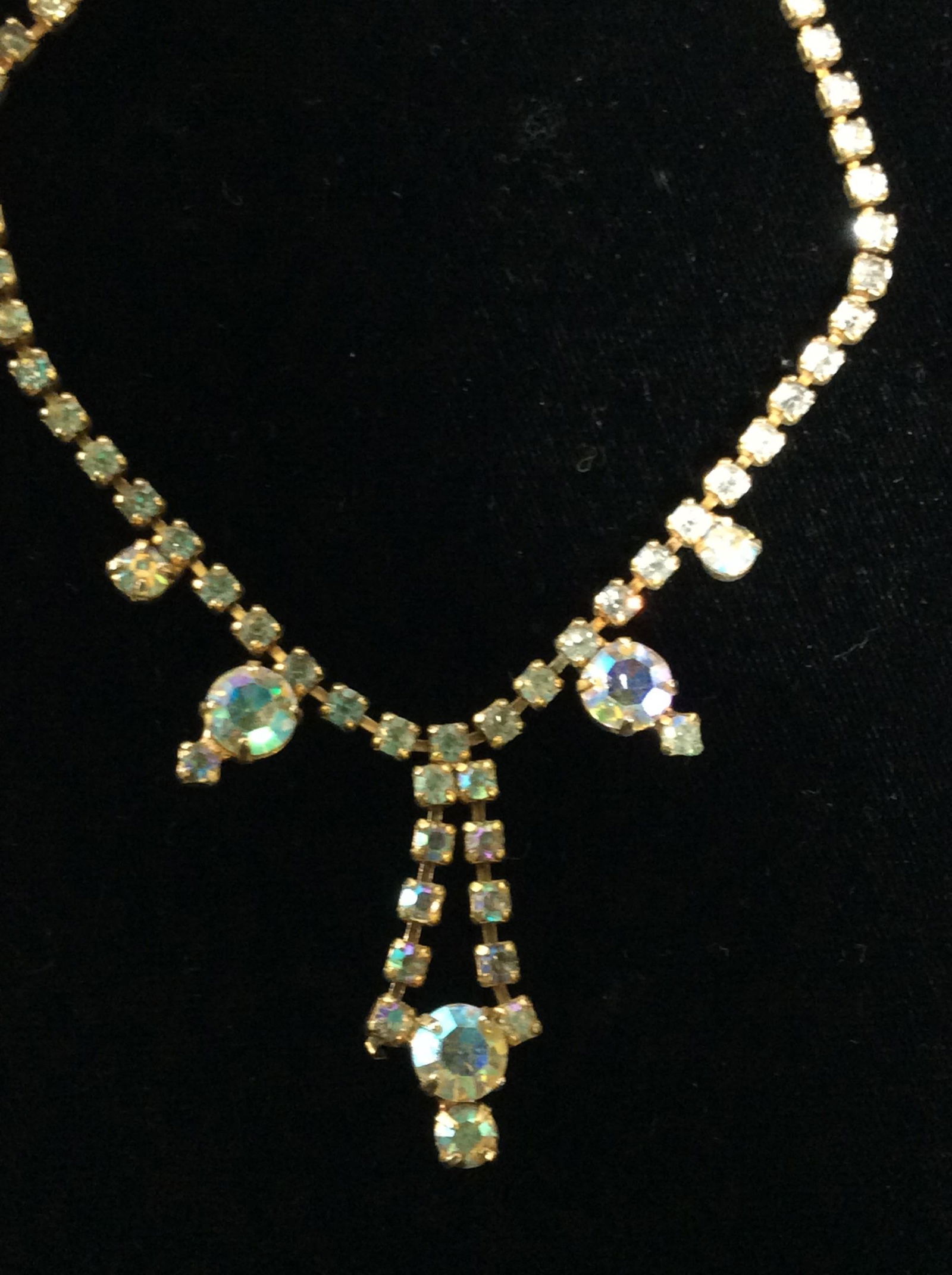 Art Deco Rhinestone Pendant Cocktail Necklace: 14 in. long, hook clasp, solitaire stones in 4 prong setting, yellow gold tone, 1 in. Dangle pendant with large solitaire. Clear rhinestone necklace, Art Deco Style Necklace, Princess Style Necklace,