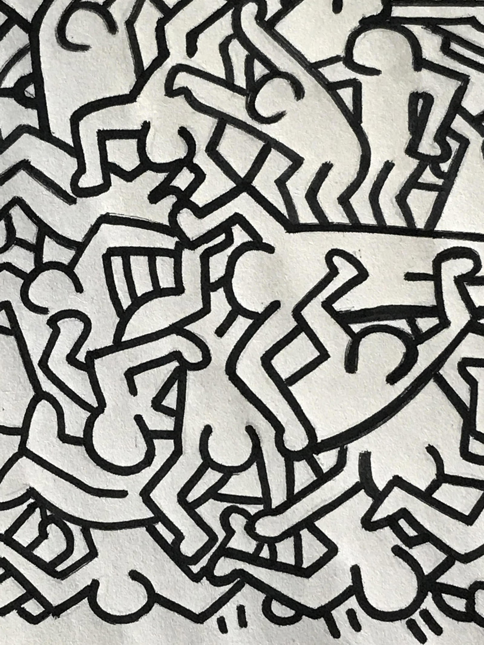 Acrylic ‘Party of Life’ AFTER Keith Haring: Acrylic painting on paper AFTER Keith Haring, subject the iconic Party of Life scene with texts in pink wrapping around it, text reads ‘May 22-Wednesday-11pm-1985, Keith Haring Invites you to the se