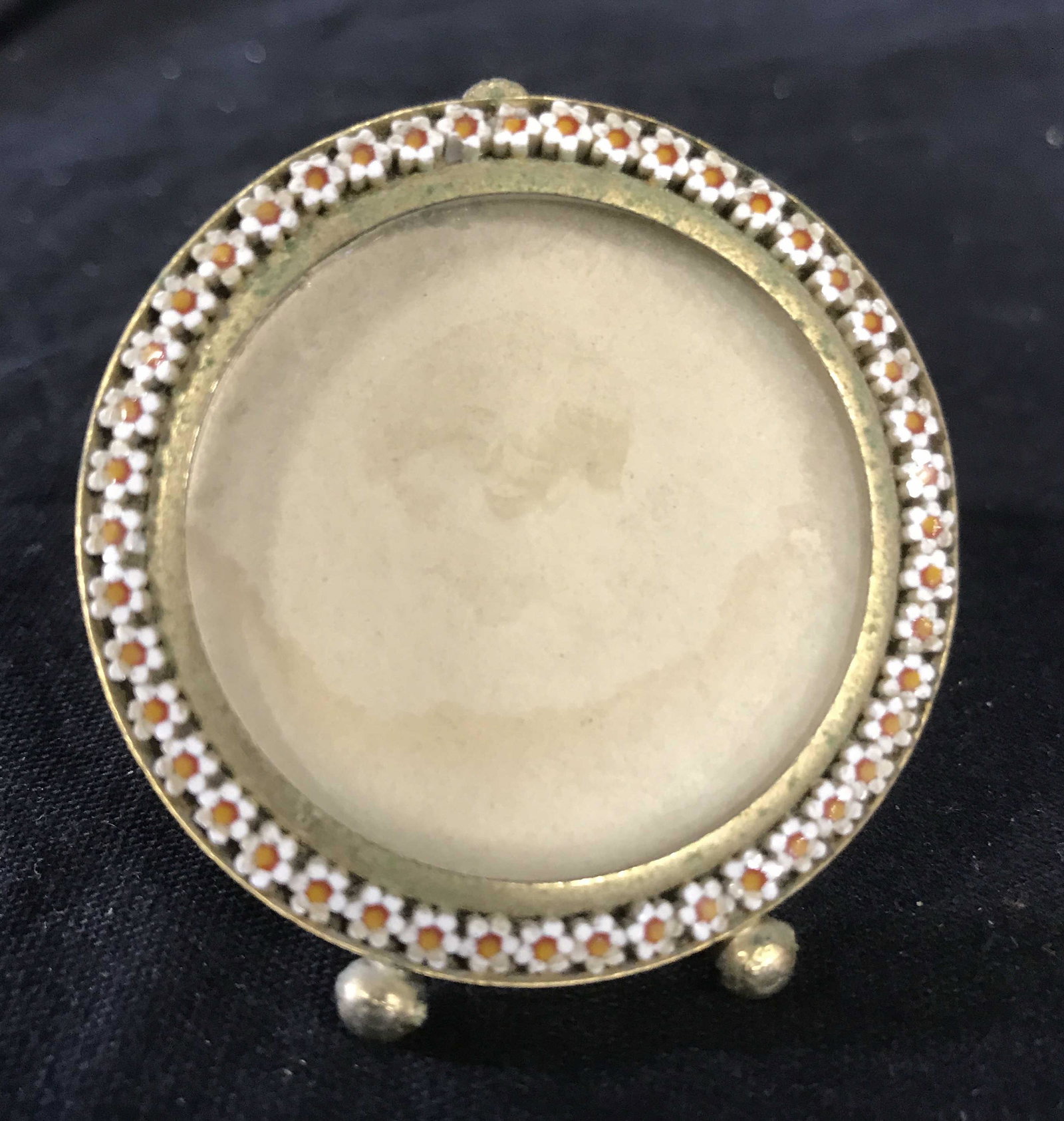 Mini Antique Cloisonne Style Frame, Italy: Antique 2 inches Circular frame on ball feet, pull out stand, marked for Italy, collectible desk top accessory, diameter app