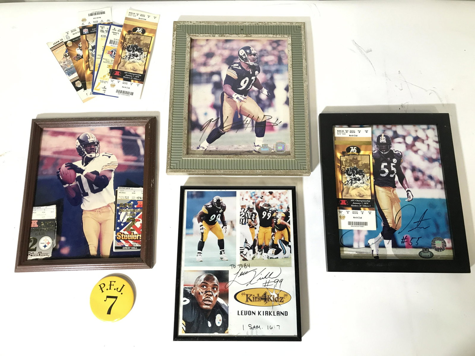 Group Lot Pittsburgh Steelers Sports Memorabilia: Lot includes 3 signed photo prints, 1 unsigned photo print & 12 vintage game tickets. Largest photo print measures approximately 12 inches tall 10 inches wide. 2 of 3 photo prints have NFL Officially 