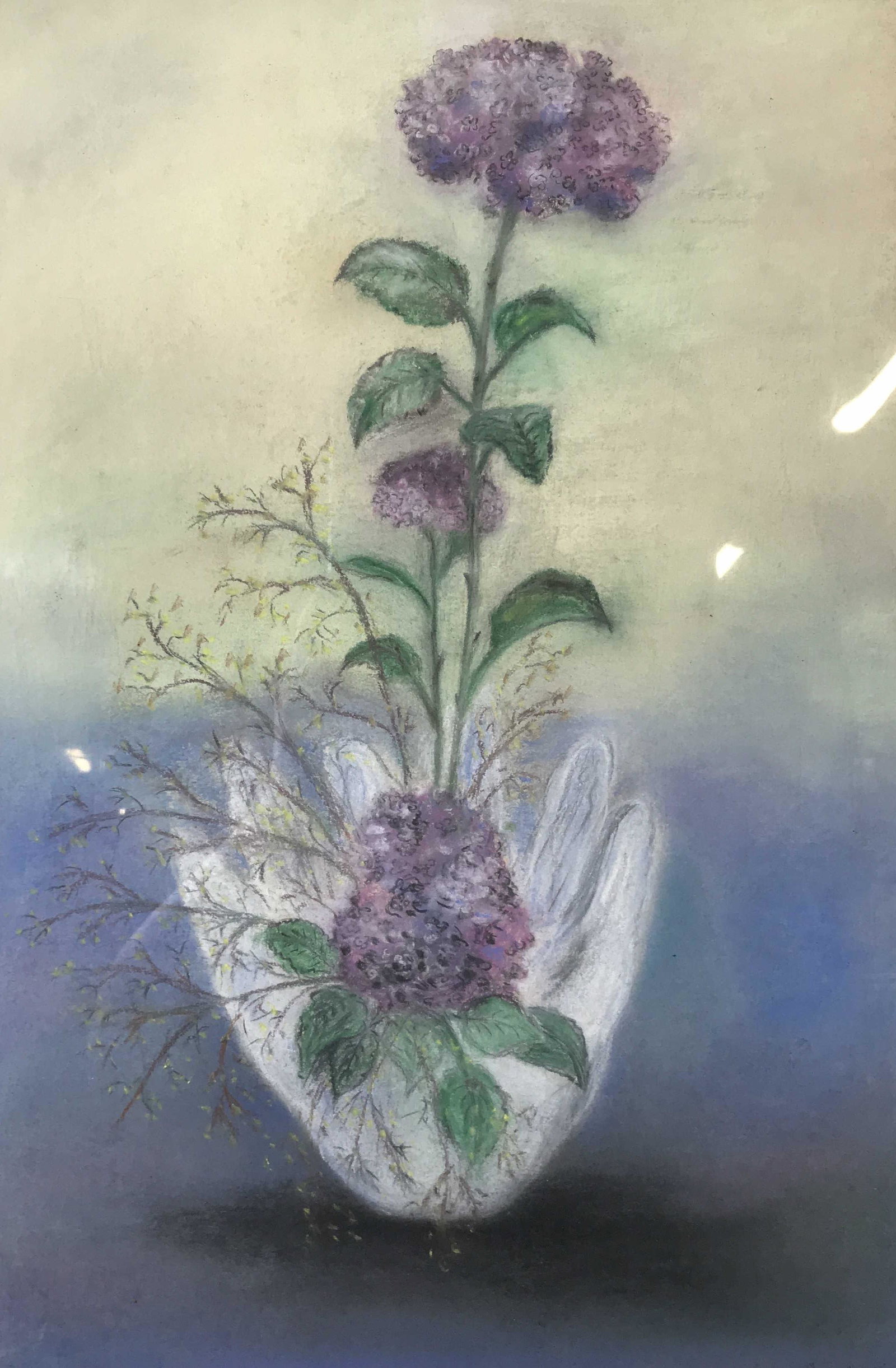 Signed drawing of flowers: Crepas drawing of flowers and branches and leaves growing out of a hand, Signed V. Dib 8/25/59, matted in cream with tan trim and a pink cast, some scuffing to the black minimalist frame, measures 24 