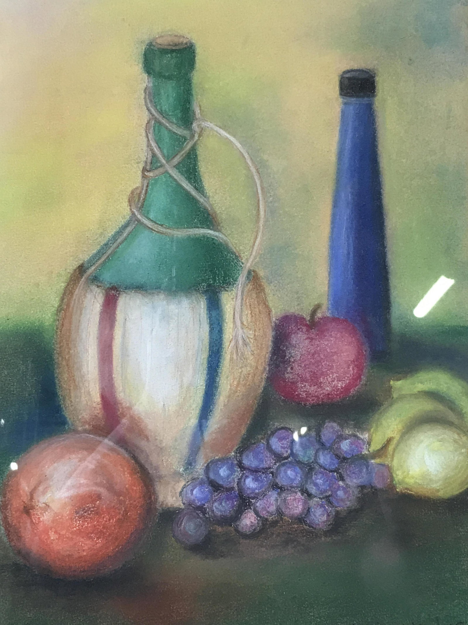 Signed Still life V. Dib: Crepas still life of fruit and bottled of wine, Signed V. Dib 7/30/59, matted in cream with tan trim, some scuffing to the black minimalist frame, measures 24 inches tall and 18.5 inches across. Rever