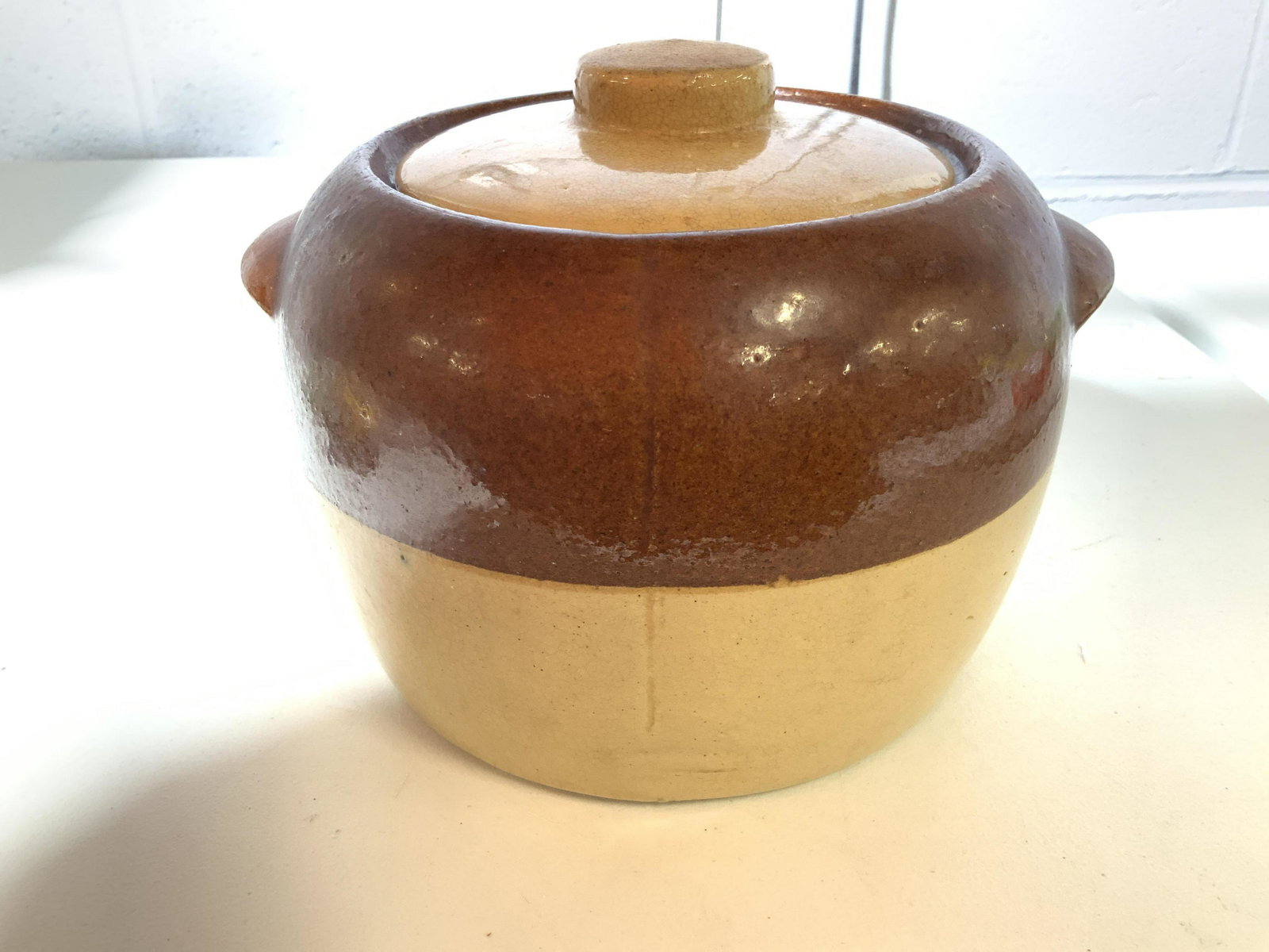 Vintage Antique Lidded Ceramic Bean Pot: Collectible ceramics, brown and tan glazed ceramic vessel with lid and two handles underside reads 5w, inside has brown glaze, country kitchen, country decor, pottery, ceramics, measures ht app 6.5 in