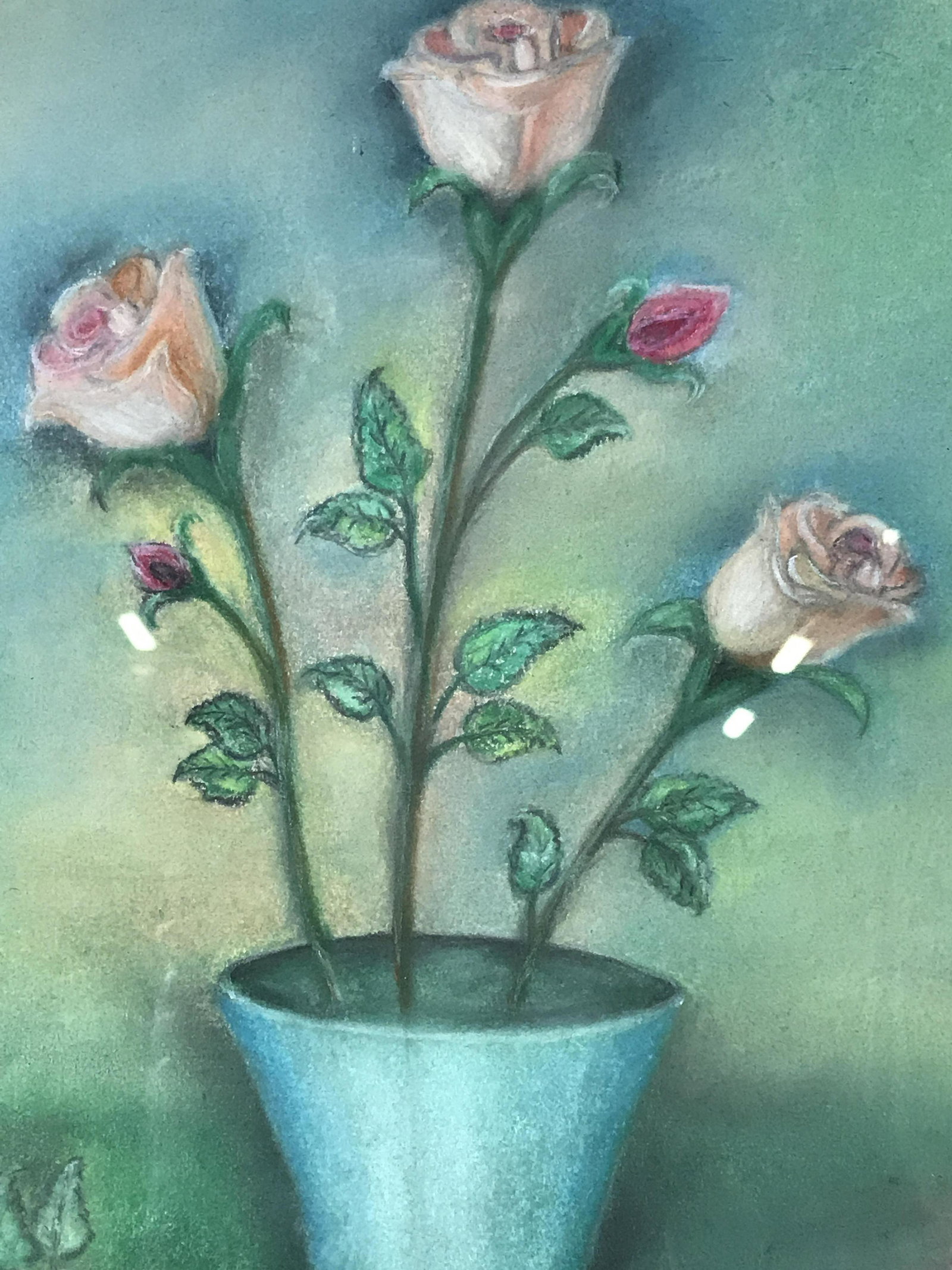 Signed drawing of roses, V. Dib: Crepas drawing of pink roses in a vase. Signed V. Dib 7/20/59, matted in cream with tan trim, some scuffing to the black minimalist frame, glass and frame unsecured and in need of tightening, measures