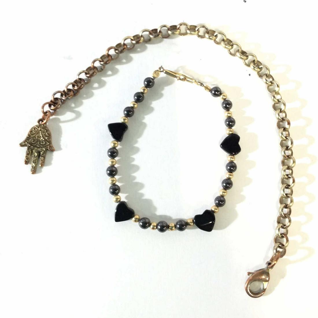 Fashion Bracelets, Hamsa Charm, Heart Beads, 2 pcs: Hamsa Amulet Charm Bracelet with Nautical Style Chain Links, 8 in. Lobster clasp. Alternating Hematite Style + Gold Seed Beads accented w/ 4 Heart Beads. Clasp is like a mini carabiner, push level dow