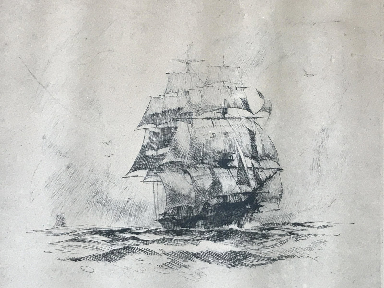 Antique etching of a boat, Ardon Grant: Dry point etching of fully massed boat at sea, Signed by artist Ardon Grant in 1926, matted in cream, some aging to both mat as well as print, light scuffing to black minimalist frame, highly detailed