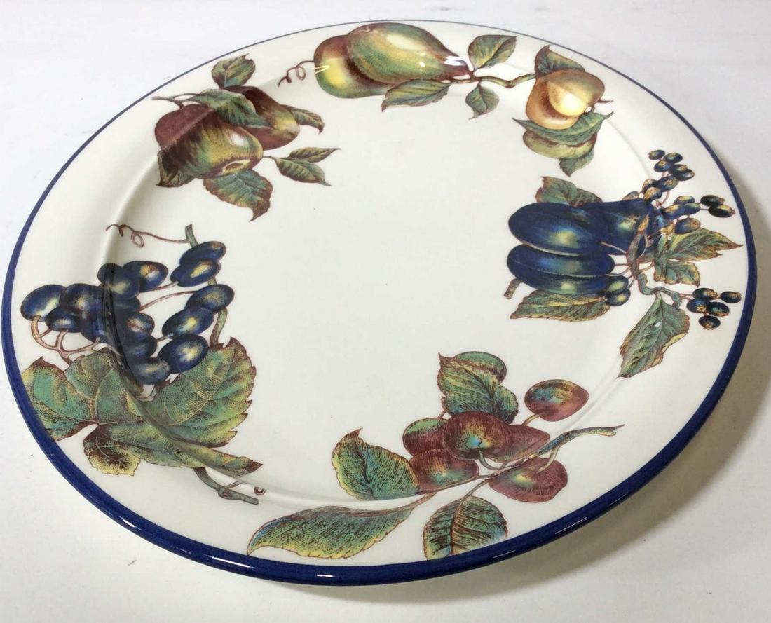 Set Pier 1 Earthenware Serving/Dinner Plates 4 pcs: Decorated with fruits- grapes, plumbs, pears, peach, apple. Serving plate measures 16 3/4 x 12.5 in. Underside reads made in Italy. Tiny chip to rim. 3 dinner plates, all have underside rim chip. Plat