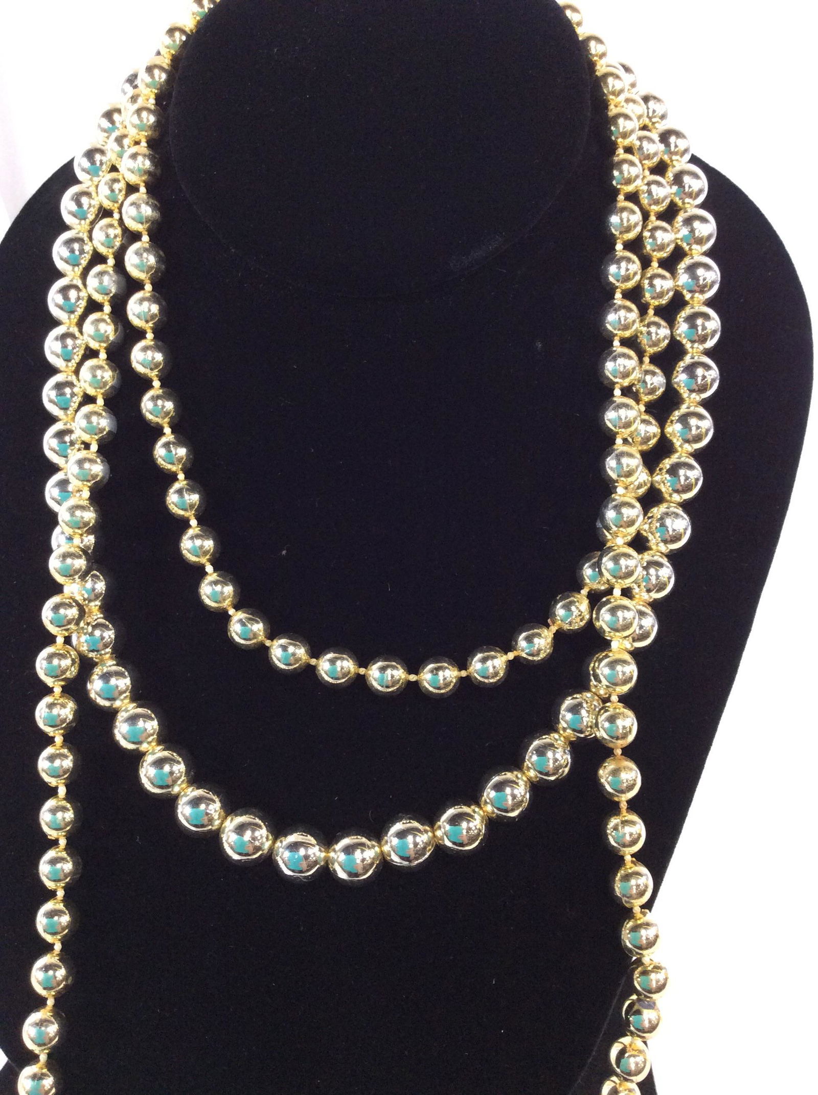 Ladies Costume Jewelry, lot 2 Necklaces: longest Necklace, 46 in. Collar length Round gold Tone beads, 10 mm, c spring clasp, 15 in. Beads, Costume Beads, Necklace, Necklaces, Gold Ball Beads, Fashion, Wearable Fashion Accessory, 3