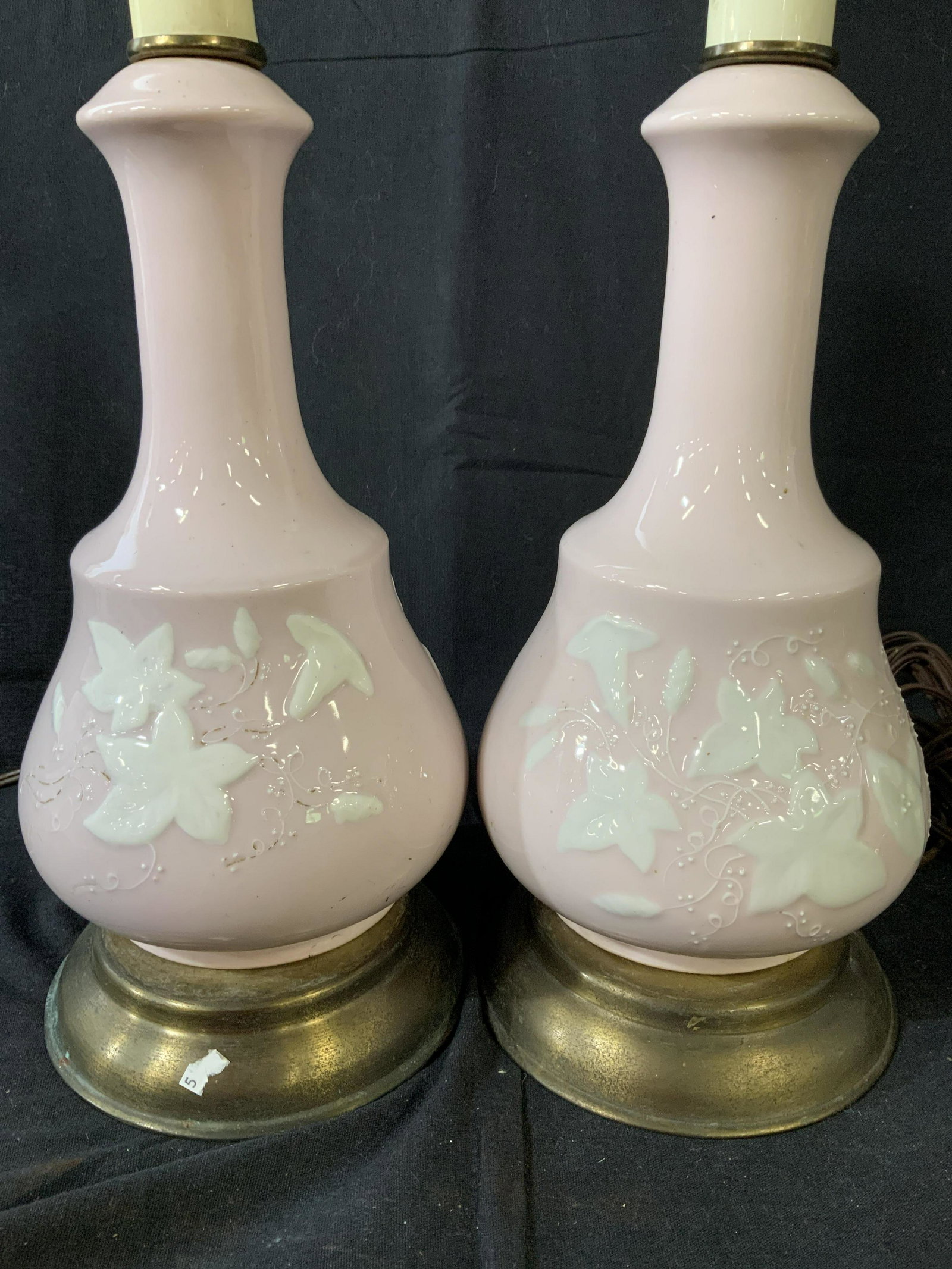 Pair Vintage Pink Porcelain Lamps: Pink porcelain lamps with white floral accents on round brass bases, to socket each measures ht 15 inches diameter app 6 inches, home lighting and decor, decorative arts and accessories,