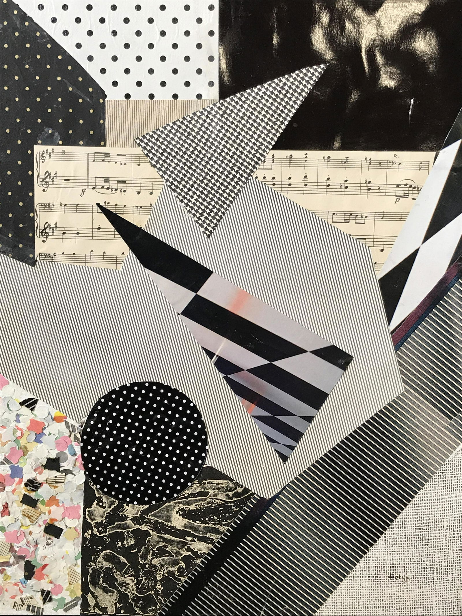 Signed Abstract Mixed Media Collage Helga: Brinitzer Signed mixed media collage on canvas board, signature in the lower right corner reads Helga, property of artist estate and works by Helga Brinitzer, subject various paper types to create an