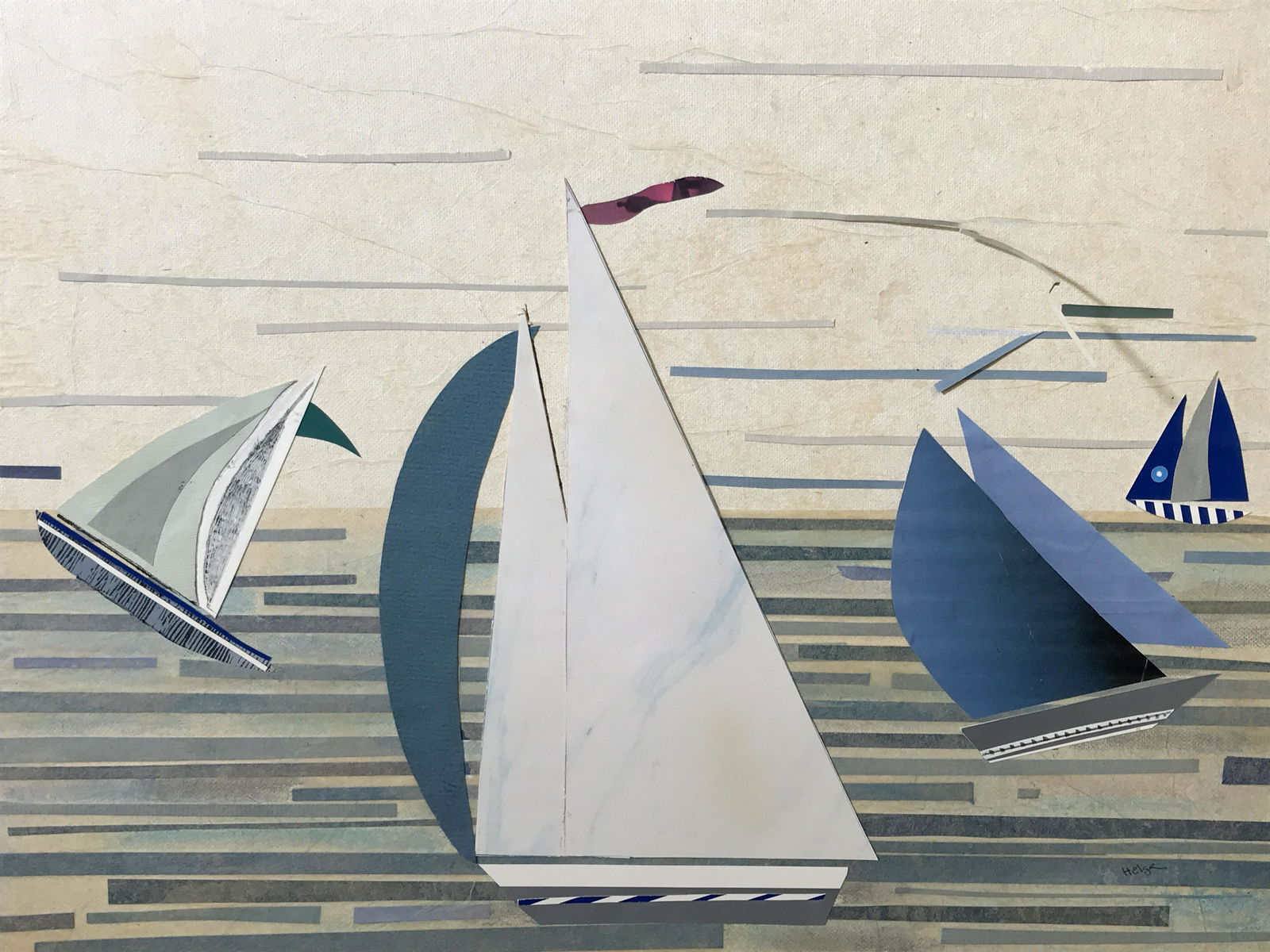 Signed Mixed Media Collage Helga Brinitzer: Signed mixed media collage on canvas board, signature in the lower right corner reads Helga, property of artist estate and works by Helga Brinitzer, subject various paper types to create an abstract s