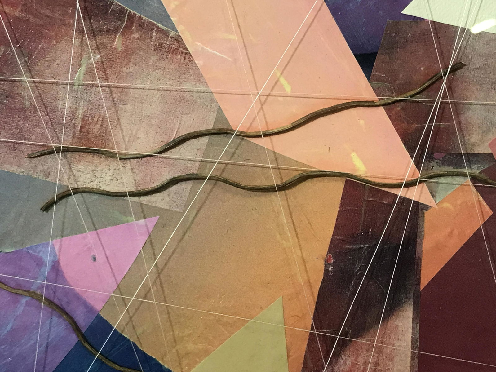 Signed Mixed Media Collage Helga Brinitzer: Signed mixed media collage on canvas board, signature in the lower right corner reads Helga, property of artist estate and works by Helga Brinitzer, subject various paper types and string to create an