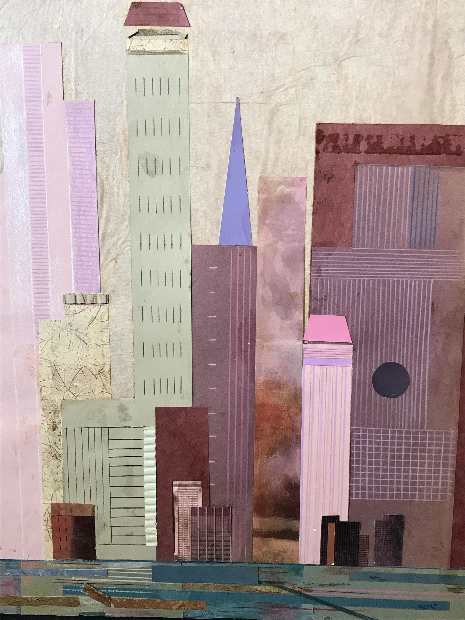 Signed Mixed Media Collage Helga Brinitzer: Signed mixed media collage on canvas board, signature in the lower right corner reads Helga, property of artist estate and works by Helga Brinitzer, subject various paper types to create a cityscape,