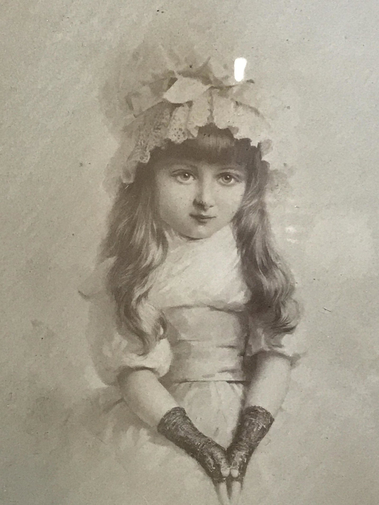 Portrait Pencil Drawing on Paper: Portrait pencil drawing on paper, no apparent signature, subject a young girl in a bonnet puffy dress and fingerless gloves, tan paper matting, white painted wooden frame, large chips and cracks to fr