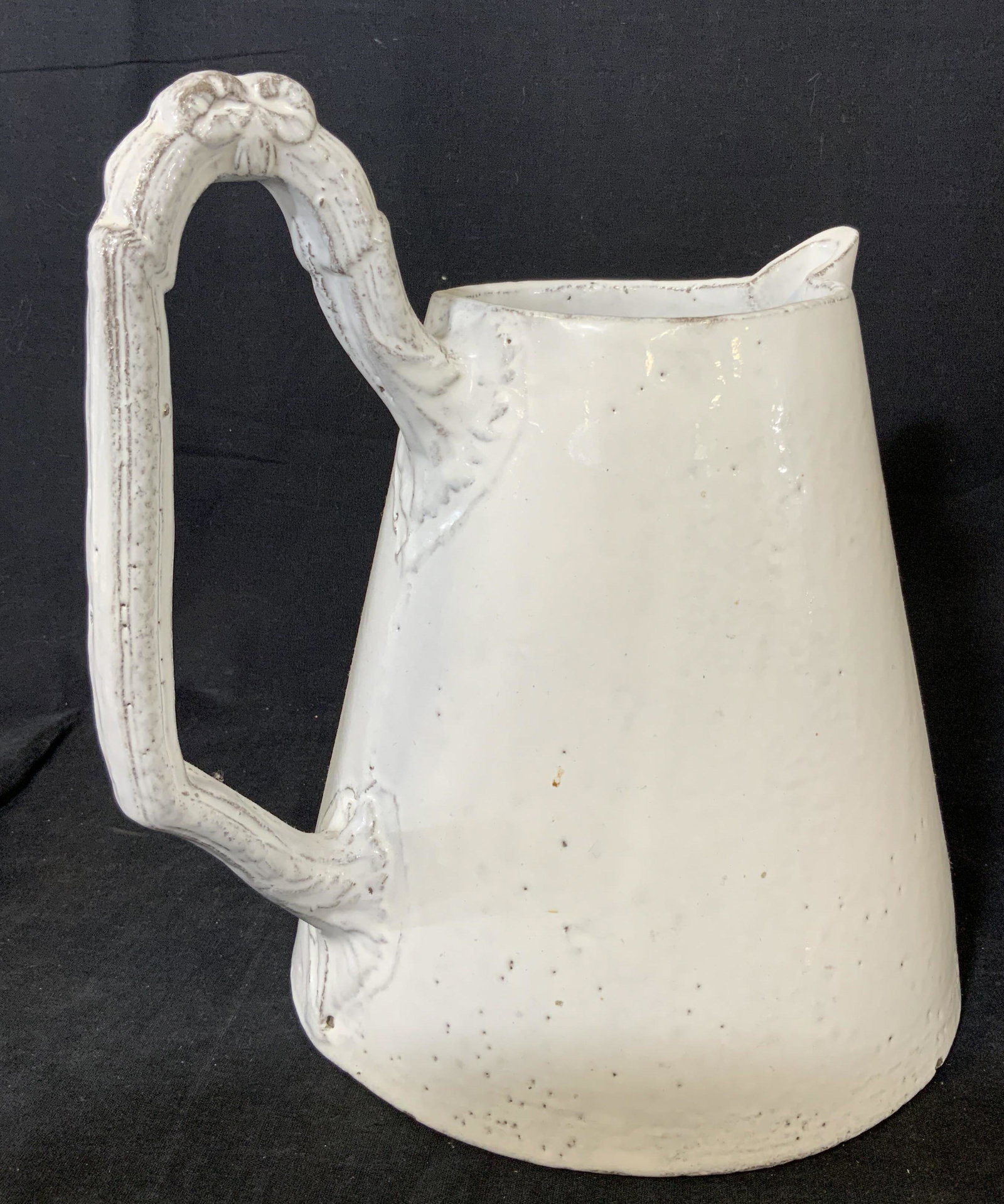 Antique Ceramic Pitcher, Vessel: White glazed ceramic vessel, multipurpose, water safe, detailing in the spout and handle, vessel measures 11.5 inches tall and 8.5 inches across at the base, Home decor, decorative arts, kitchen decor
