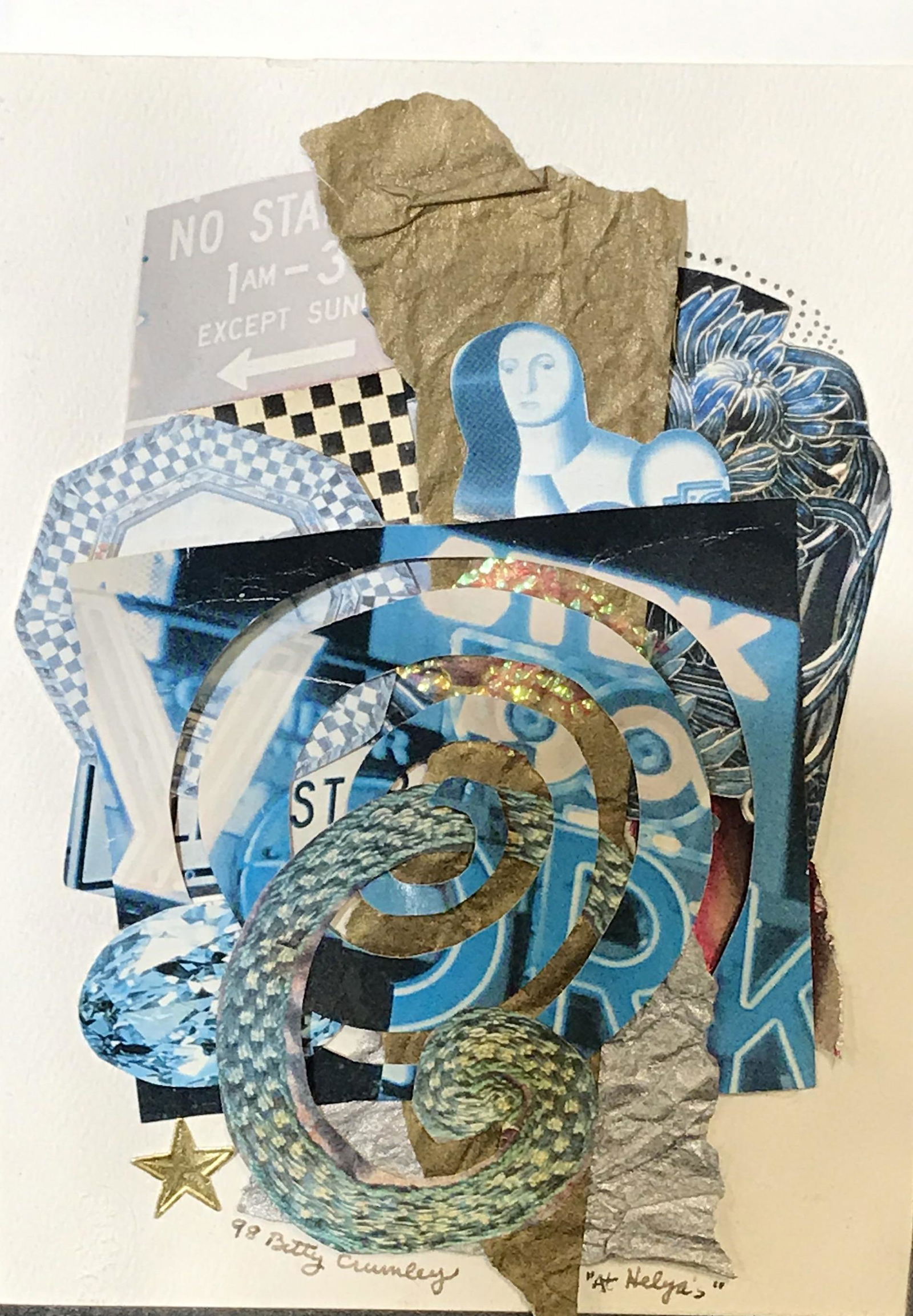 Collection of Signed Collage Works: Collection of 4 signed collage works, signed either Helga or Betty, collage works consists of various colored and textured papers on various matting, two in box frames, two in black metal frames, one