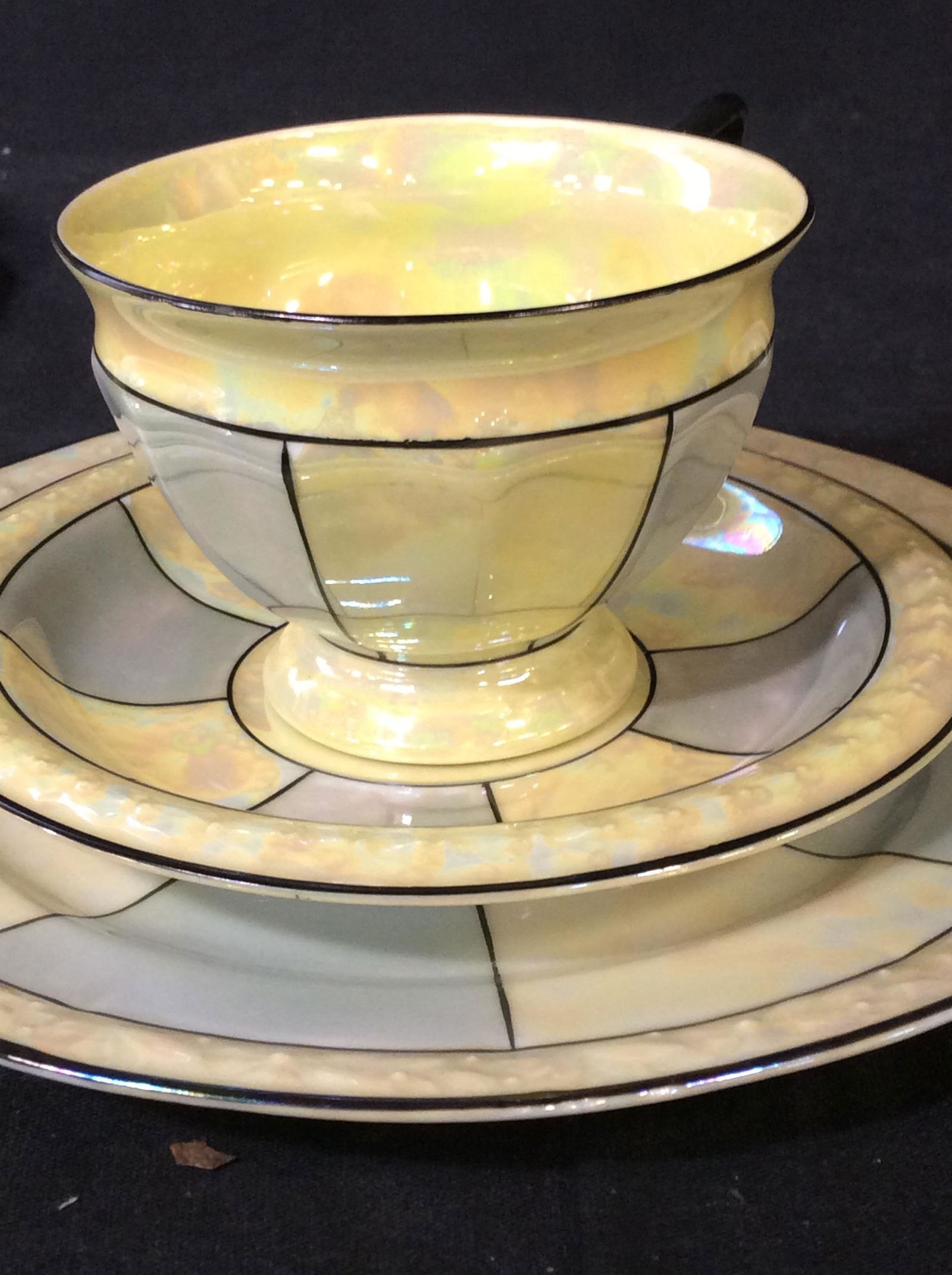 P.A.L.T. Czechoslovakian Luster Deco Porcelainware: Vintage (possibly antique) Art Deco Czechoslovakian Tea Serving Plate Set, c. 1920s, Fine Bone China. 12 pcs total, 4 place settings. Lustrous mother of Pearl style and light blue sectioned by thin bl