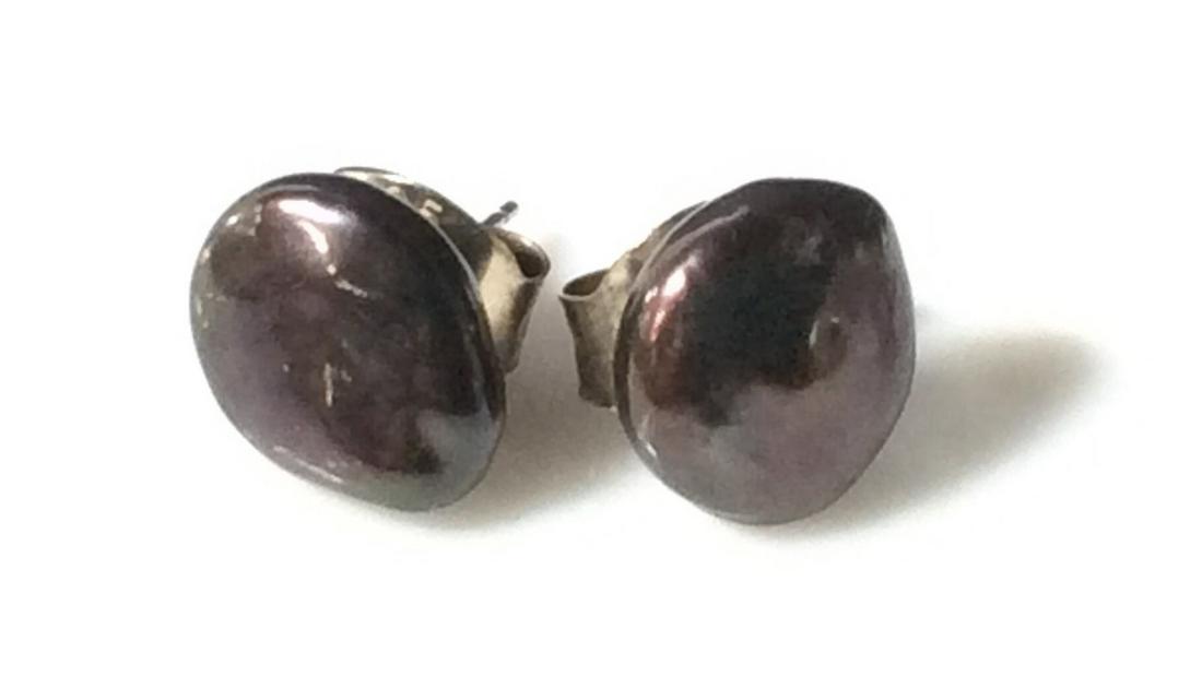 Freshwater Pearl Button Sterling Earrings: Lacquered Cylinder Bead Necklace , Dark Brown, Twist off clasp , 17.5 in 13 mm Freshwater ( possibly cultured) Tahitian Color Button pearl post earrings, butterfly backs reads .925. .925 sterling silv