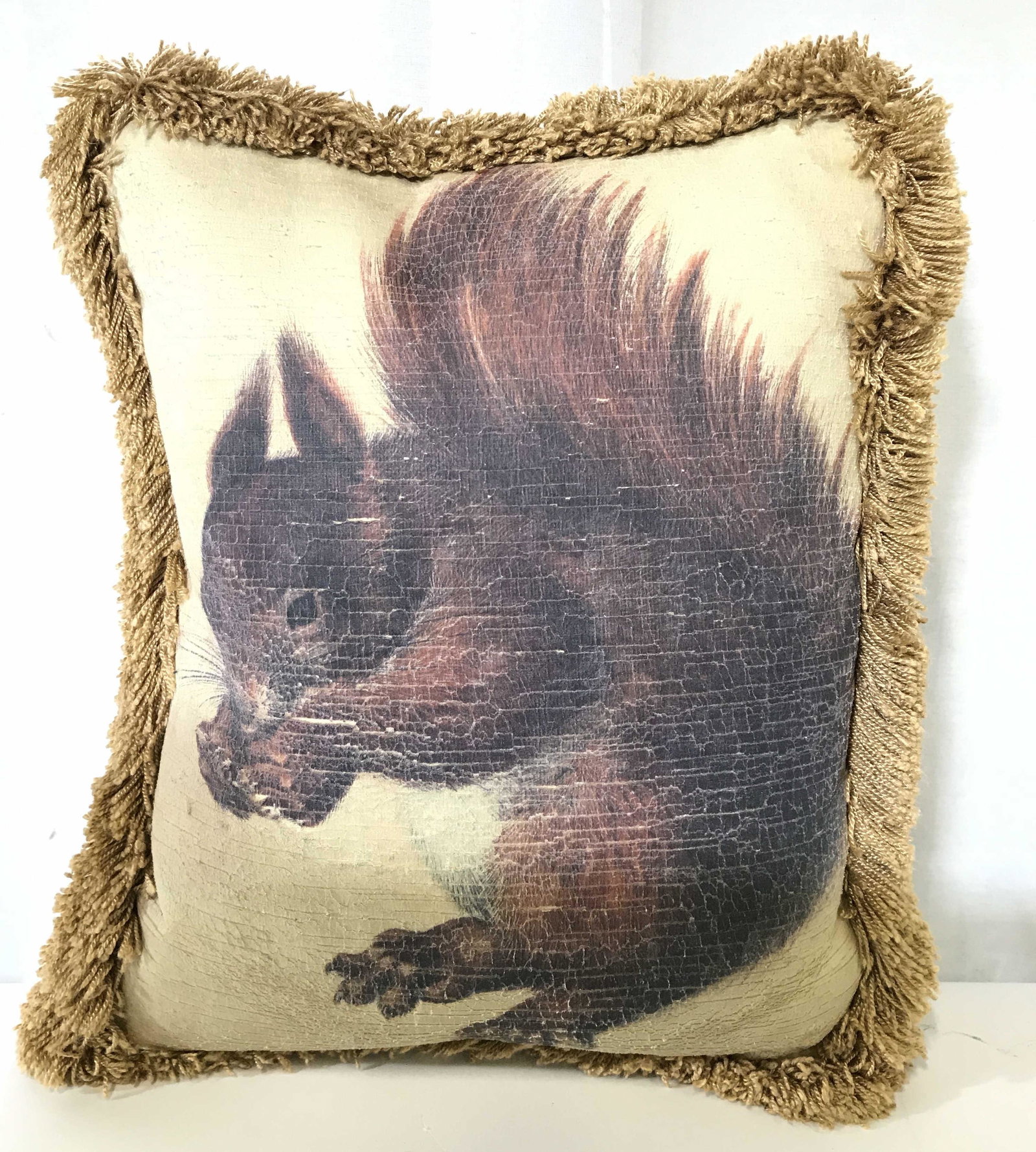 Vintage Squirrel Fringe Throw Pillow: Pillow is vintage. Piece depicts image of squirrel eating a nut. Pillow has fringes. Pillow, throw pillow, vintage pillow, vintage throw pillow, squirrel pillow, vintage squirrel, fringe pillow. home 