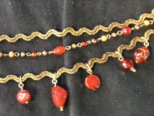 Chico’s Bohemian 3 Strand Necklace: Signed Chico’s, gold/ bronze tone metal, red toned costume beads, beaded chain. 1 dangle bead missing. Adjustable length, 17 in longest length. Ladies Fashion, Up Cycle Jewelry, Bohemian Jewelry, Co