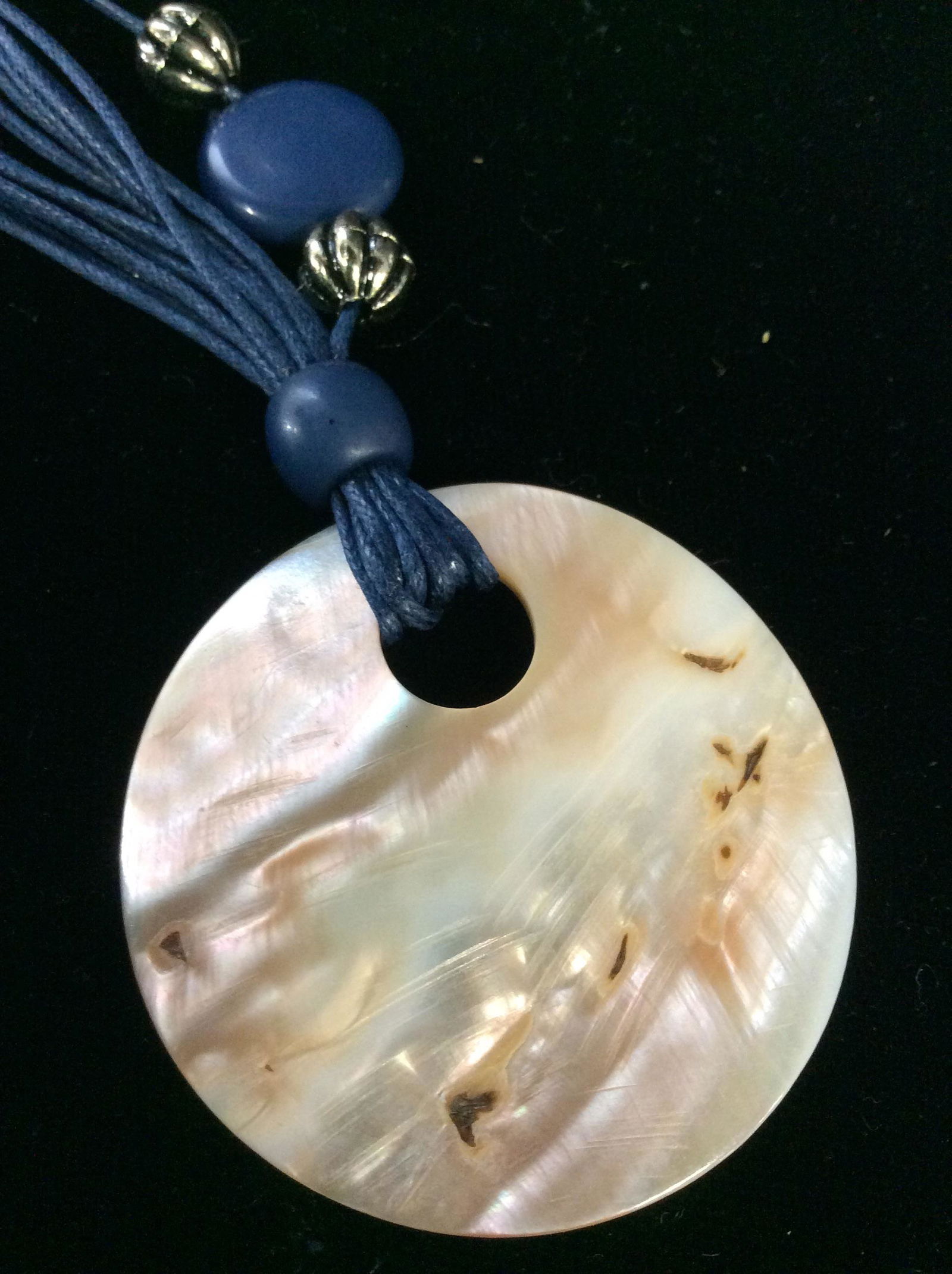 Abalone Shell Pendant Necklace, Jewelry Set: attached to store packaging. Fish hook dangle earrings, round blue discs. Long multi cord necklace with Round Abalone/ Luster Shell Pendant, 1.75 in. Shell Pendant Necklace & Earring Set, Navy Blue, B