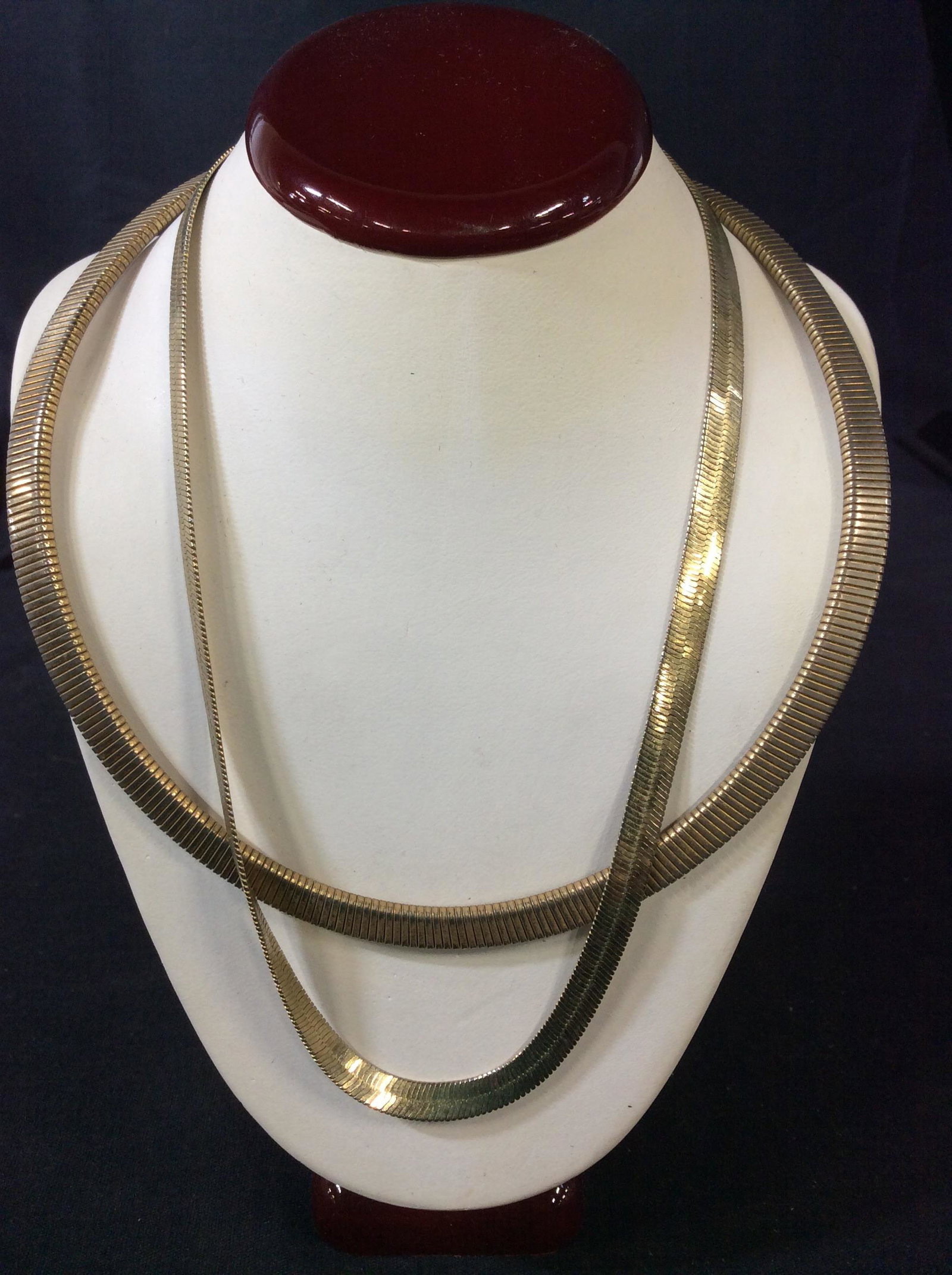 Lot 2 Wide Gold Tone Bone Chain Chokers: 12 in. Flat omega bone chain & 14 in. Herringbone Chain, Vintage. Vintage Herringbone & Omega Bone NECKLACES, ladies fashion, collectible gold tone chains, Vintage Omega Bone, Vintage Herringbone, Eve