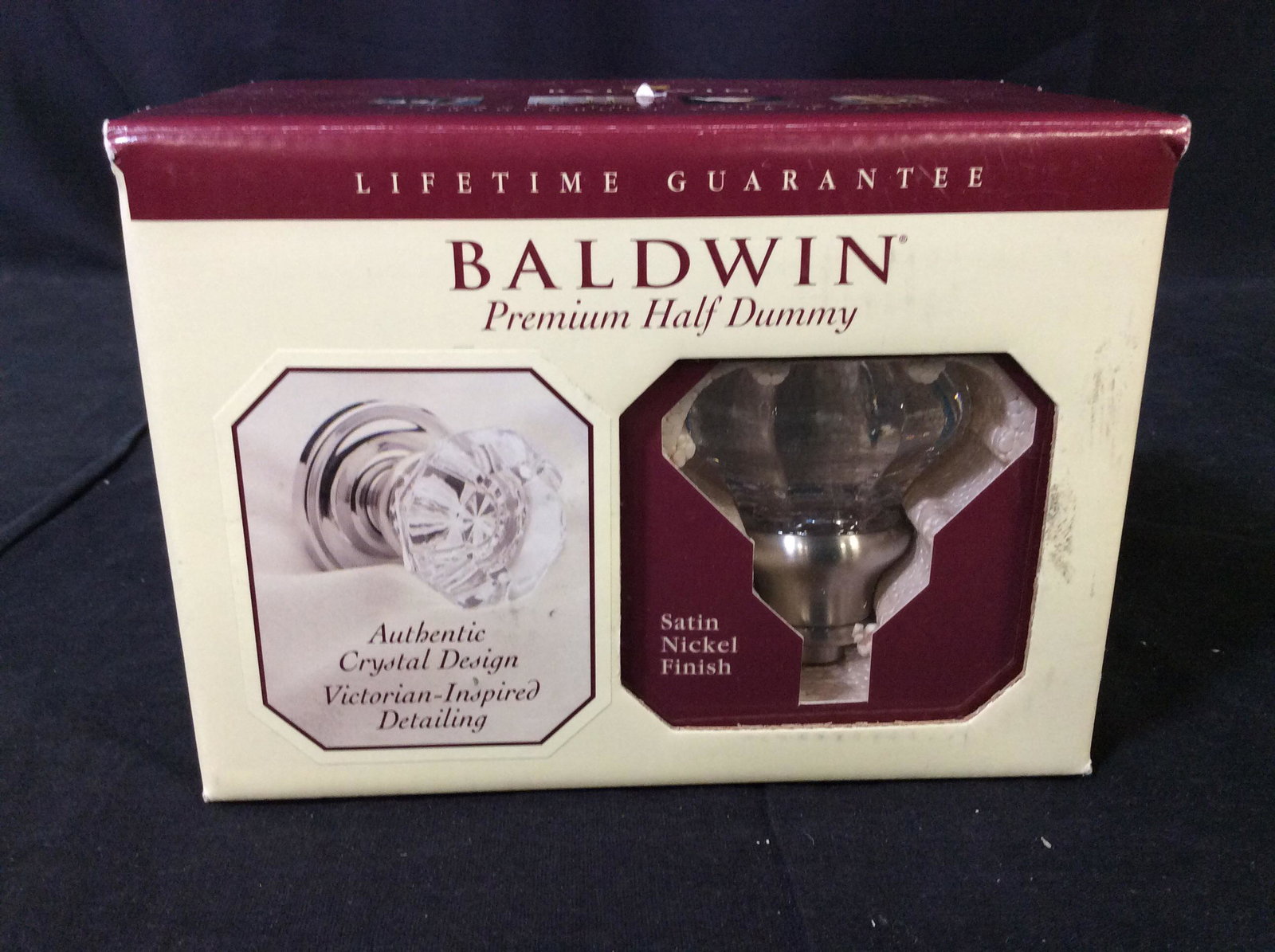 BALDWIN Glass Fillmore Crystal Doorknob, NIB: Half Dummy Crystal Doorknob, Vintage Mid Century Style, satin Nickel metal finish, Style Fillmore Crystal Knob 5800.150.IDMRD. ORIGINAL box, unopened & sealed. App 2 2/3 in long, Handle app 2 in wide.