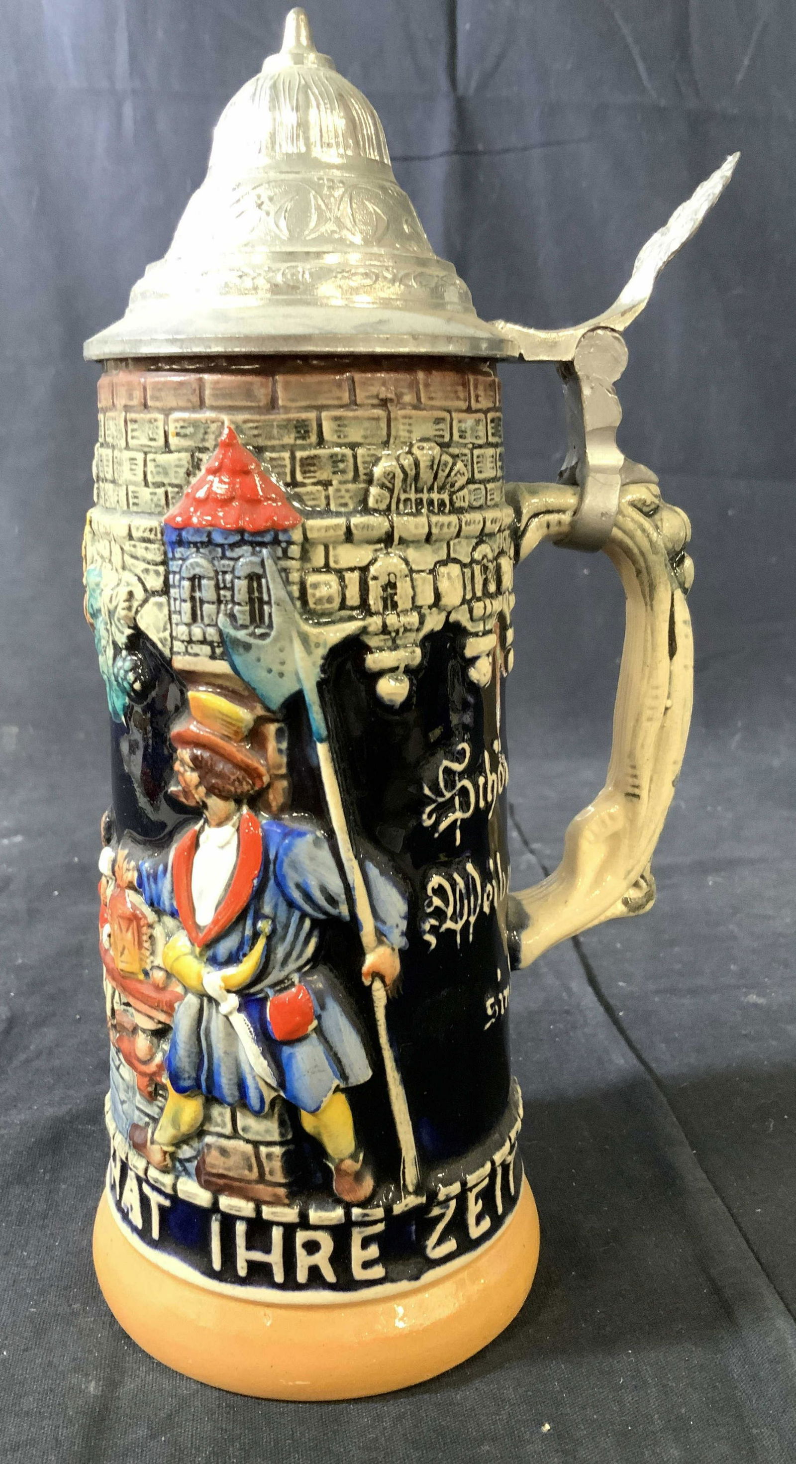 Lidded Ceramic Beer Stein, West Germany: Ceramic German beer mug, beer stein, tankard, measures ht 10 inches