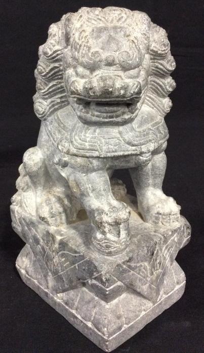 Pair Carved Stone Foo Dogs: This is a pair of Foo Dogs Carved from stone. Each piece measures approx 8 inches H, 3.25 inches W and 4.12 inches deep. There is some wear present on the pieces consistent with use. Vintage Fu dogs, 