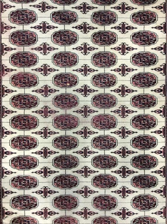 Vintage Handmade Geometric Detail Wool Rug: Rug is wool and handmade. Rug is Fringed. Contains multi toned geometric detail with tones of cranberry, cream, sand & coral. Rug, carpet, area rug, handmade rug, Handmade Wool rug, Geometrically Deta