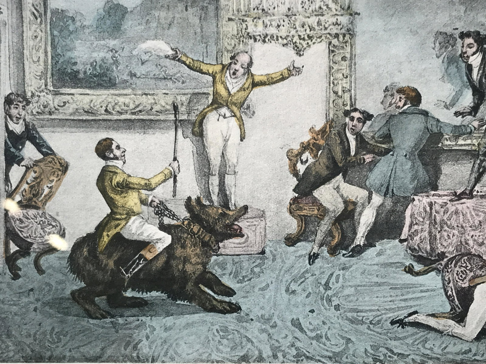 19th Century Engraving: 19th Century Hand colored engraving, subject what appears to be two circus performers and a bear entertaining a group of socialites in a parlor, Green painted wood frame with gold accents, double matt